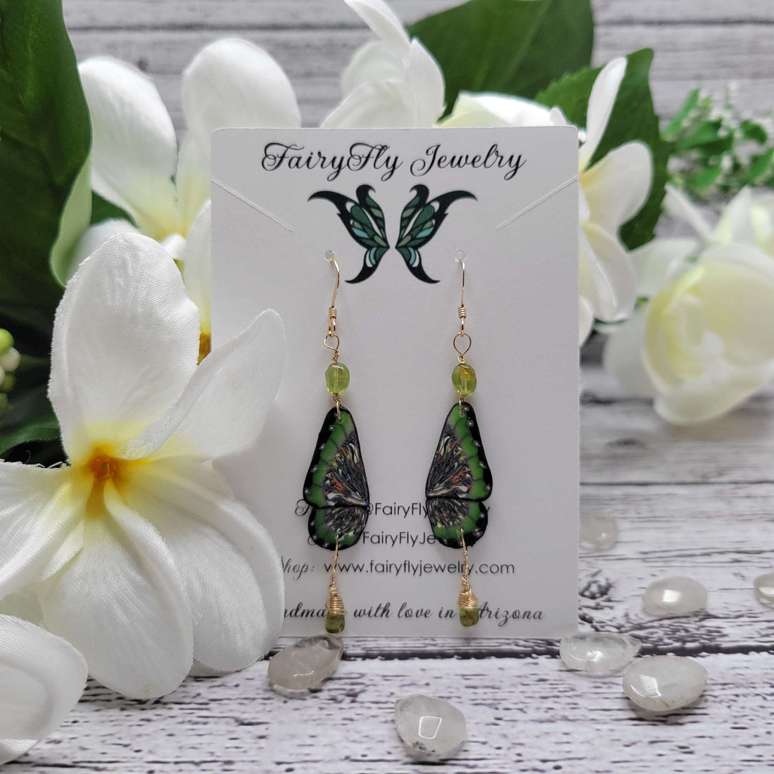 Lusty Lime Featherweight Butterfly Gold &amp; Silver Crystal Earrings