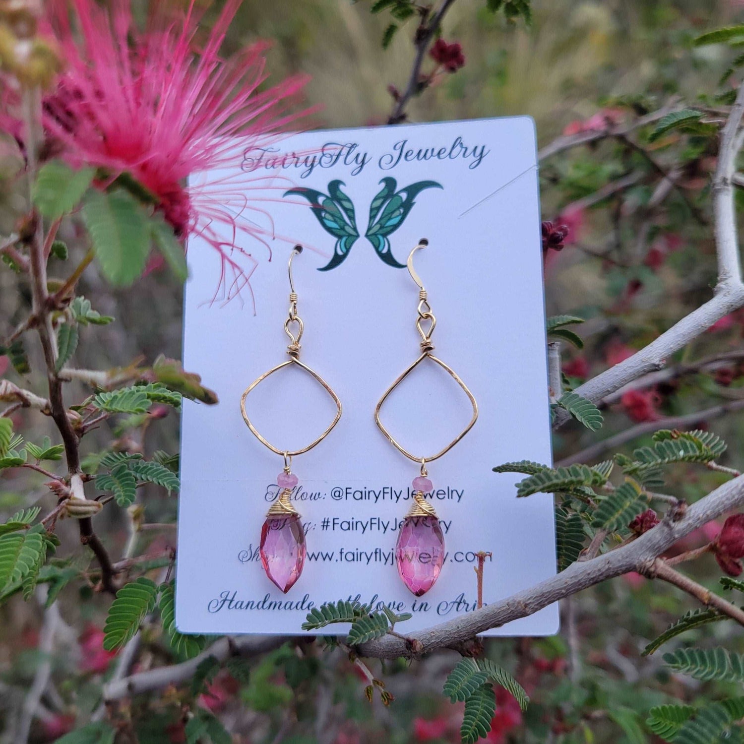 Hammered 14k Gold-Filled Pink Mystic Quartz &amp; Sapphires Earrings