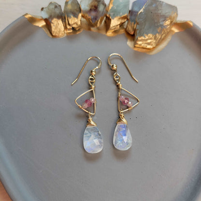 Handcrafted Hammered 14k Gold-Filled, Shaded Pink Tourmaline, &amp; Rainbow Moonstone Earrings