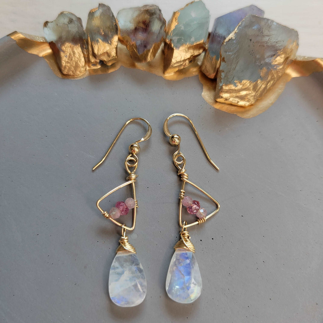 Handcrafted Hammered 14k Gold-Filled, Shaded Pink Tourmaline, &amp; Rainbow Moonstone Earrings