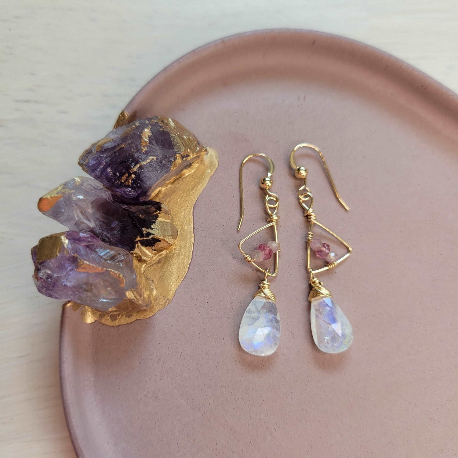 Handcrafted Hammered 14k Gold-Filled, Shaded Pink Tourmaline, &amp; Rainbow Moonstone Earrings