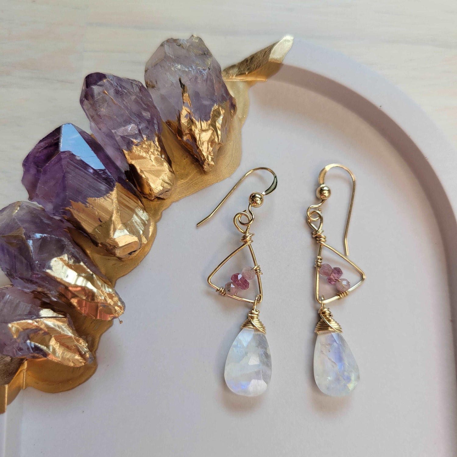 Handcrafted Hammered 14k Gold-Filled, Shaded Pink Tourmaline, &amp; Rainbow Moonstone Earrings