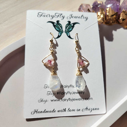 Handcrafted Hammered 14k Gold-Filled, Shaded Pink Tourmaline, &amp; Rainbow Moonstone Earrings