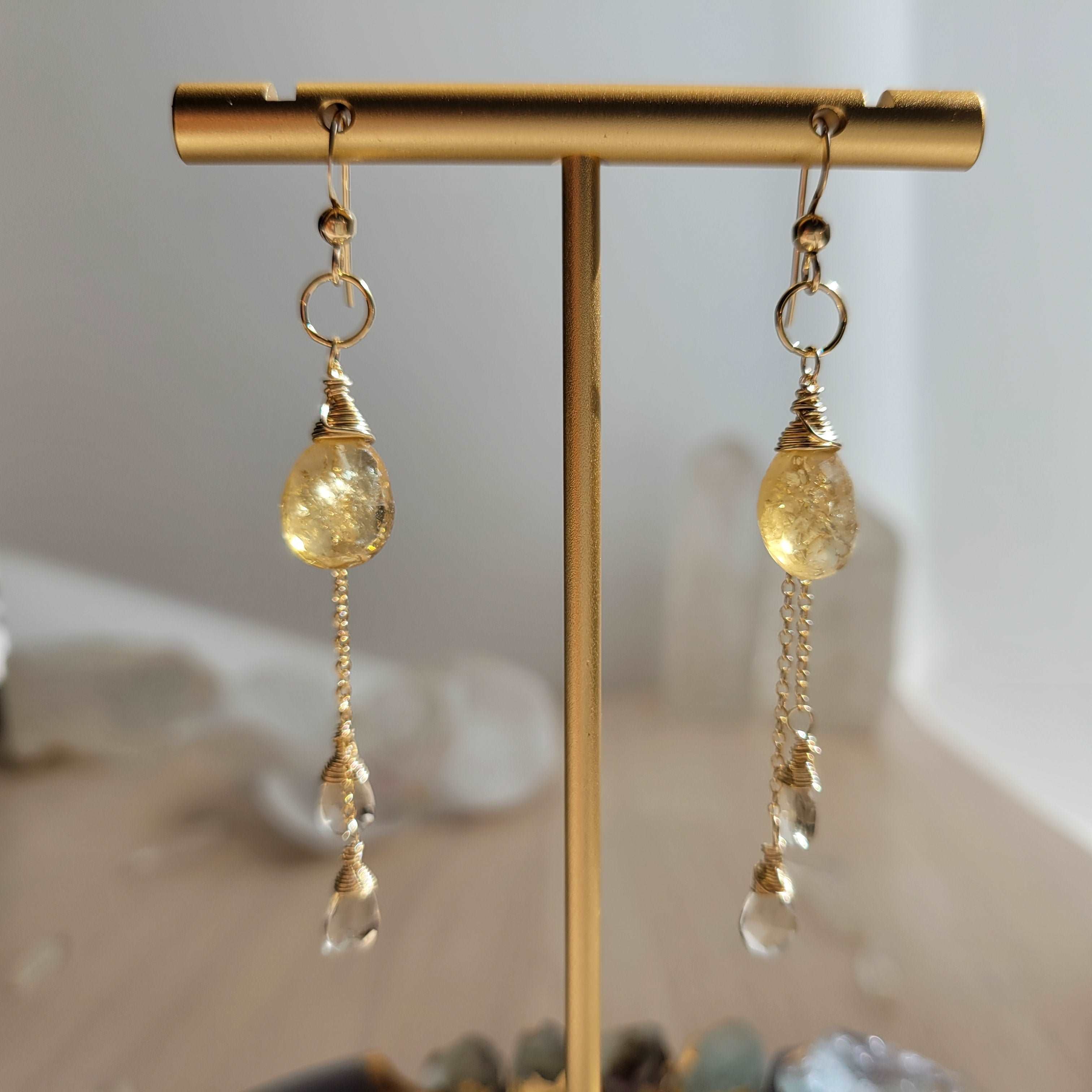 Celestial Harvest Collection: Handcrafted 14K Gold-Filled Citrine &amp; Champagne Quartz Earrings