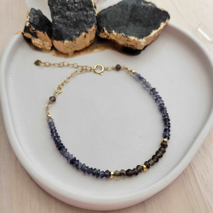 Dainty Handcrafted 14K Gold-Filled Smoky Quartz &amp; Iolite Gemstones Bracelet