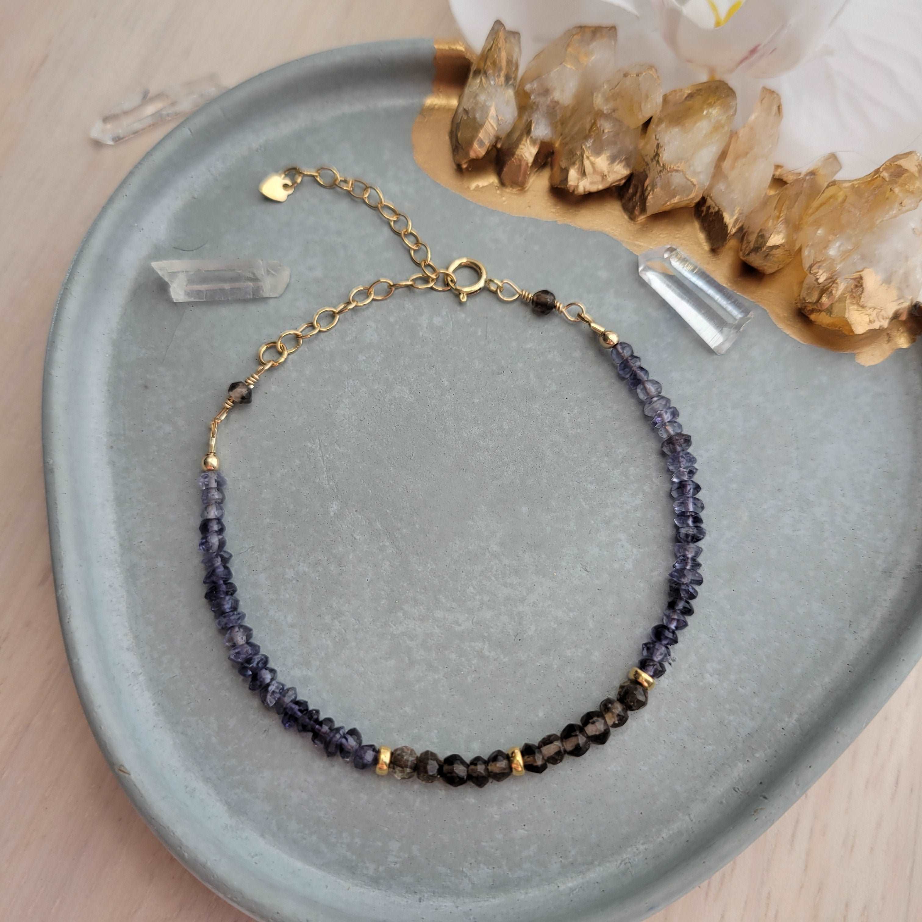 Dainty Handcrafted 14K Gold-Filled Smoky Quartz &amp; Iolite Gemstones Bracelet