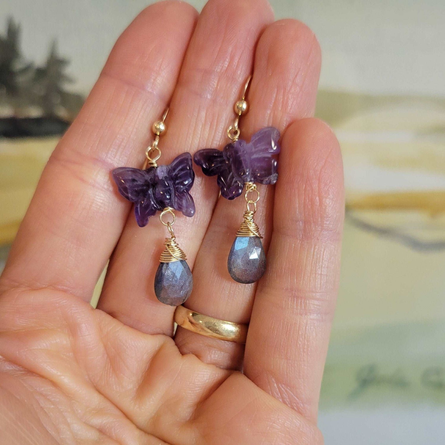 Handcrafted 14K Gold-Filled Amethyst Butterfly &amp; Labradorite Earrings