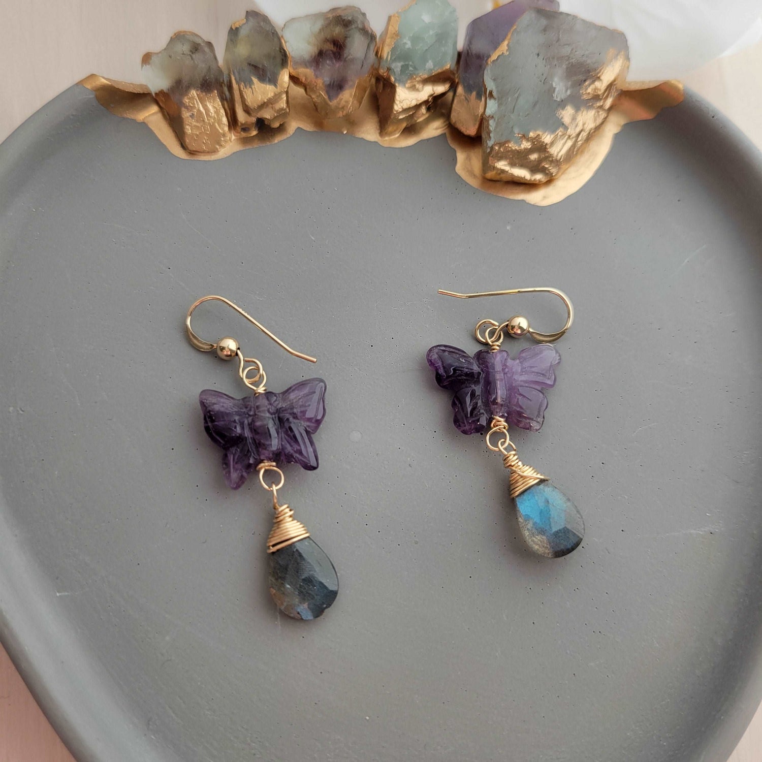 Handcrafted 14K Gold-Filled Amethyst Butterfly &amp; Labradorite Earrings