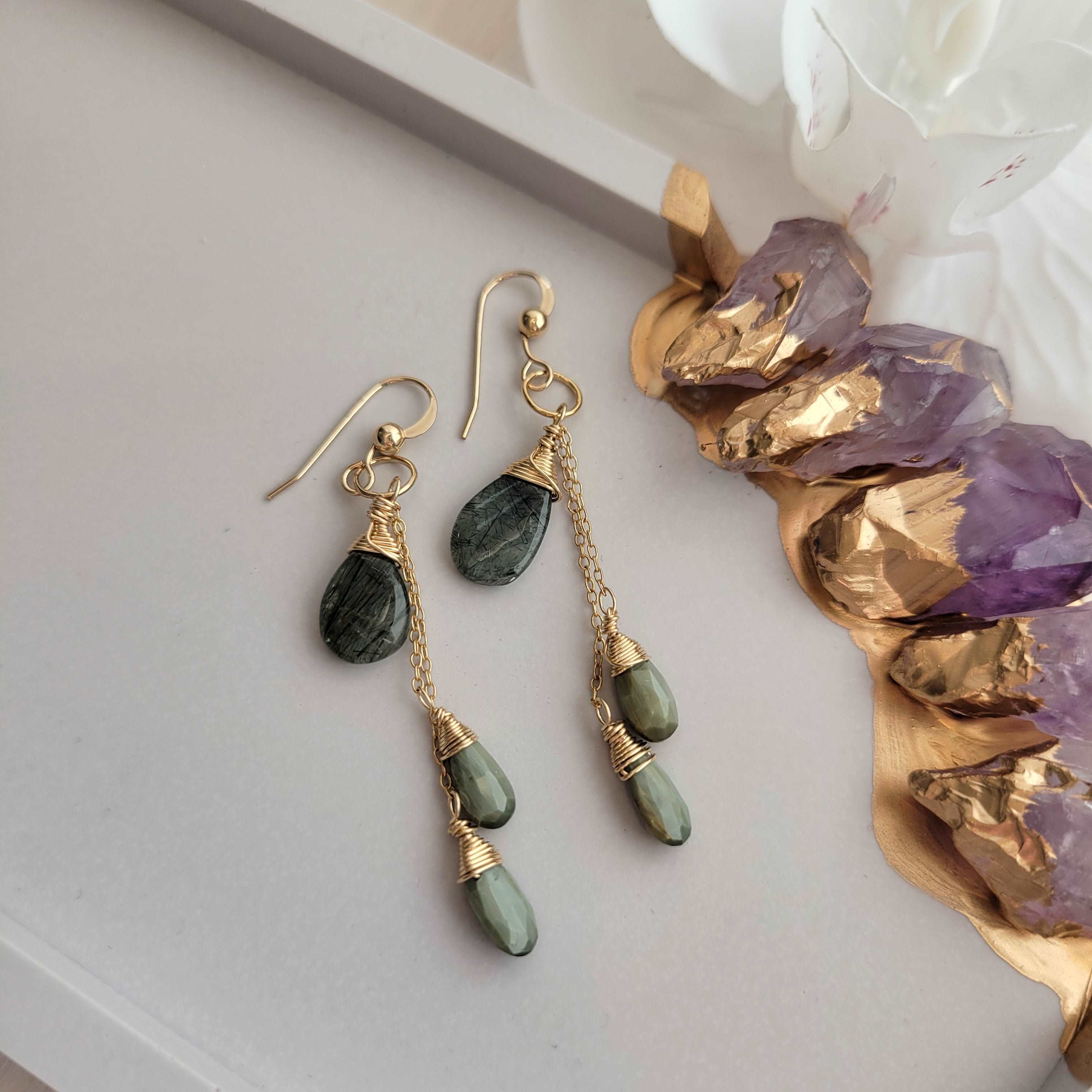 Celestial Harvest Collection: Handcrafted 14K Gold-Filled Moss Aquamarine &amp; Cat&