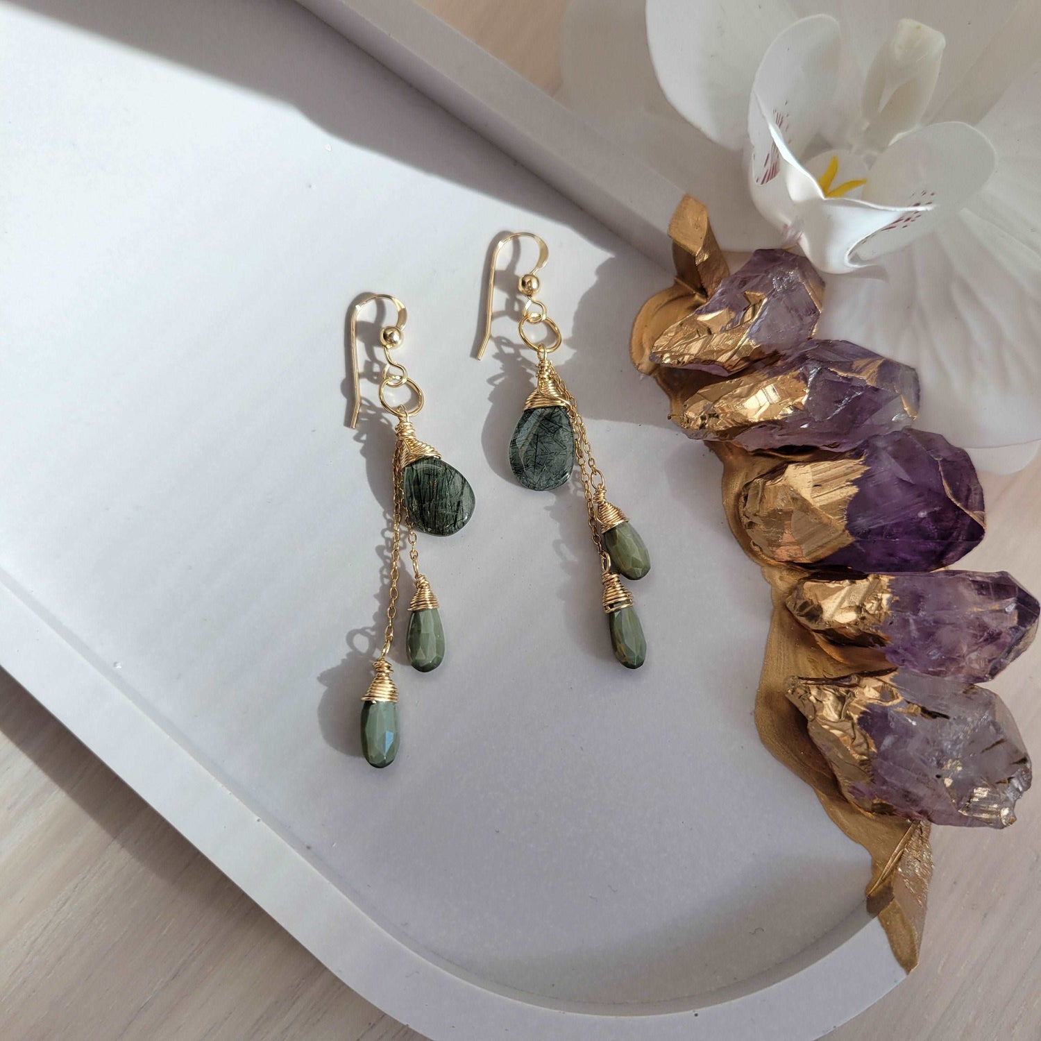 Celestial Harvest Collection: Handcrafted 14K Gold-Filled Moss Aquamarine &amp; Cat&