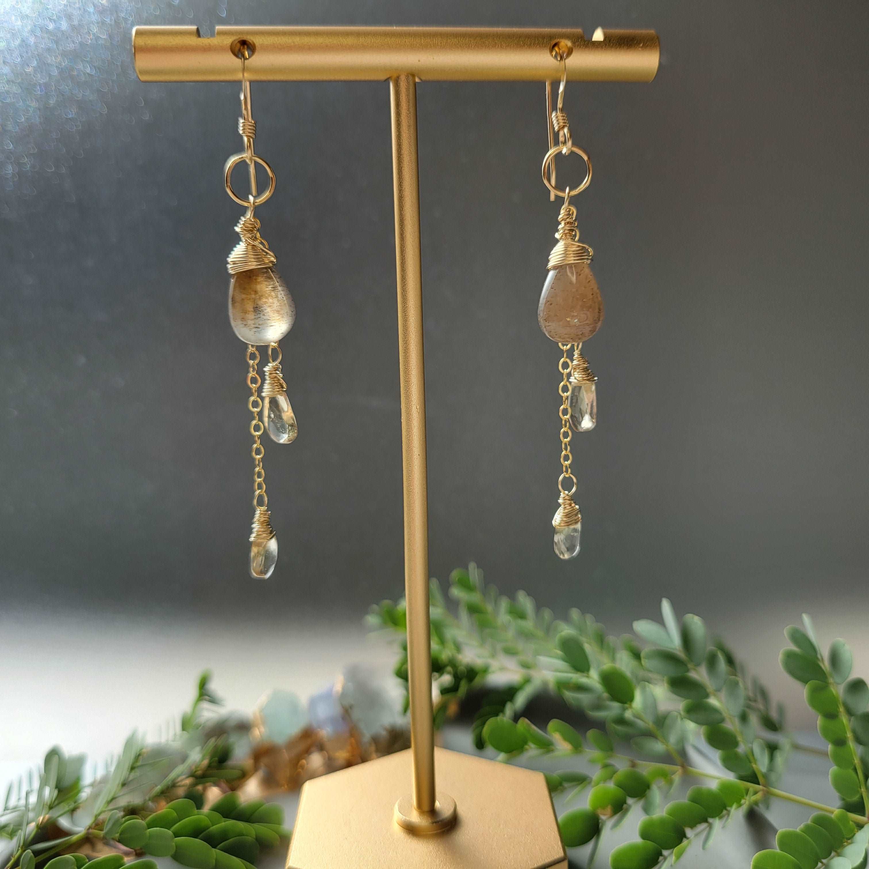 Celestial Harvest Collection: Handcrafted 14K Gold-Filled Coffee Moonstone &amp; Champagne Quartz Earrings