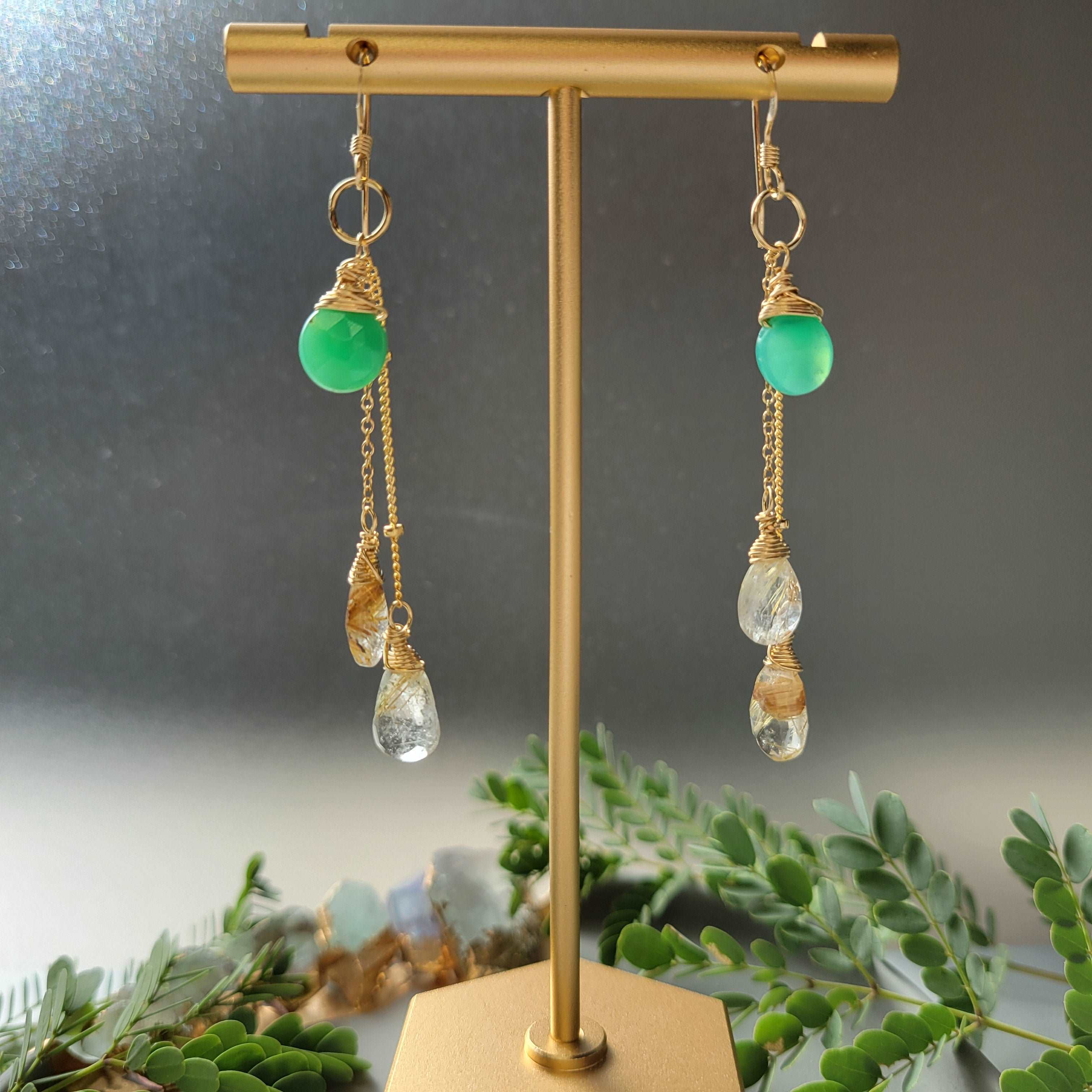 Celestial Harvest Collection: Handcrafted 14K Gold-Filled Chrysoprase &amp; Rutilated Quartz Earrings