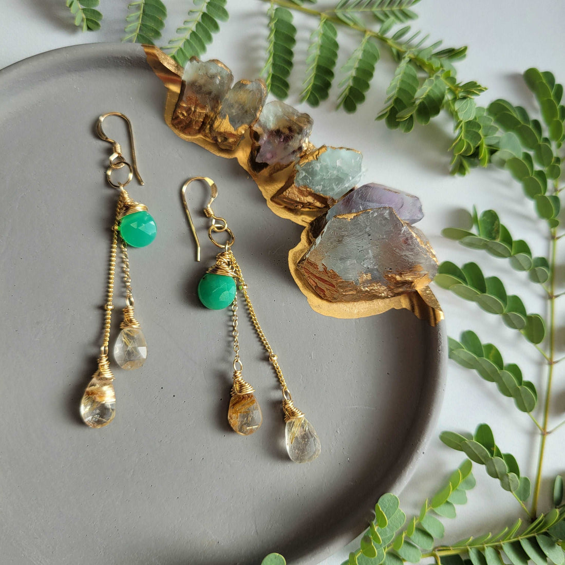 Celestial Harvest Collection: Handcrafted 14K Gold-Filled Chrysoprase &amp; Rutilated Quartz Earrings