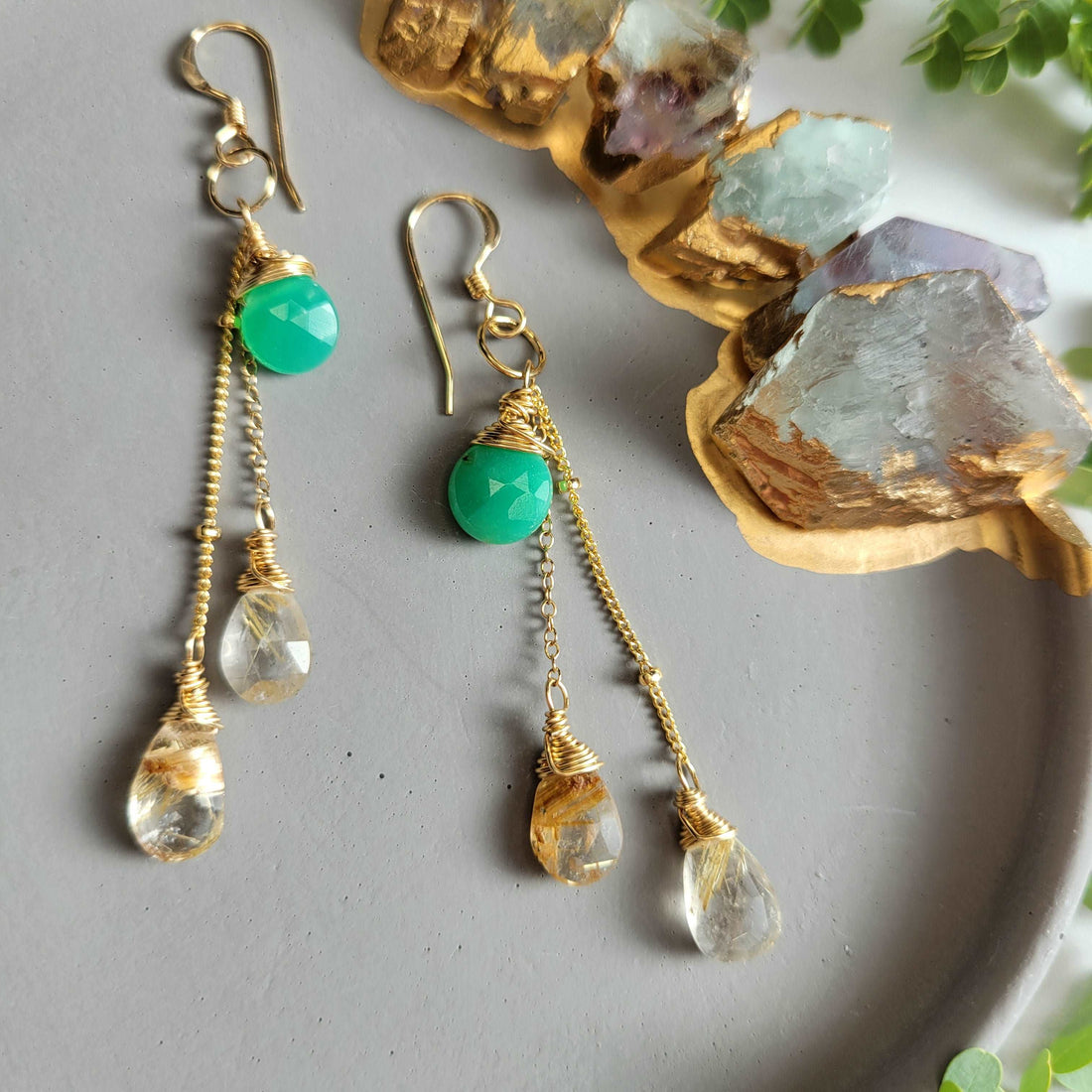 Celestial Harvest Collection: Handcrafted 14K Gold-Filled Chrysoprase &amp; Rutilated Quartz Earrings