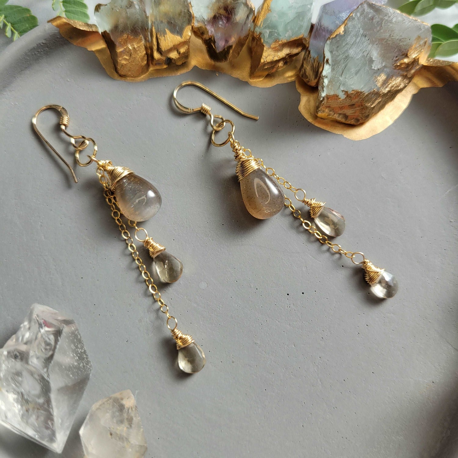 Celestial Harvest Collection: Handcrafted 14K Gold-Filled Coffee Moonstone &amp; Champagne Quartz Earrings