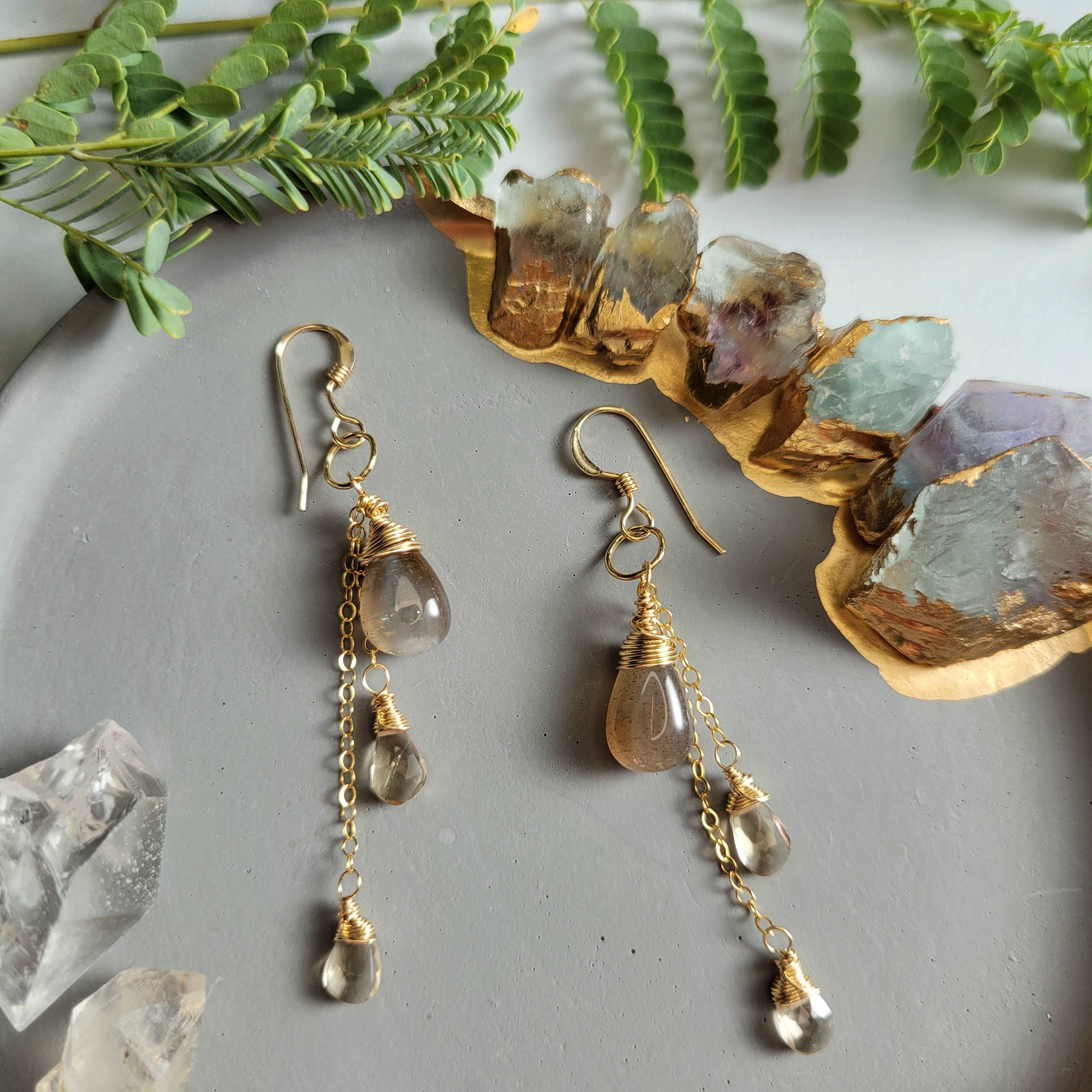 Celestial Harvest Collection: Handcrafted 14K Gold-Filled Coffee Moonstone &amp; Champagne Quartz Earrings