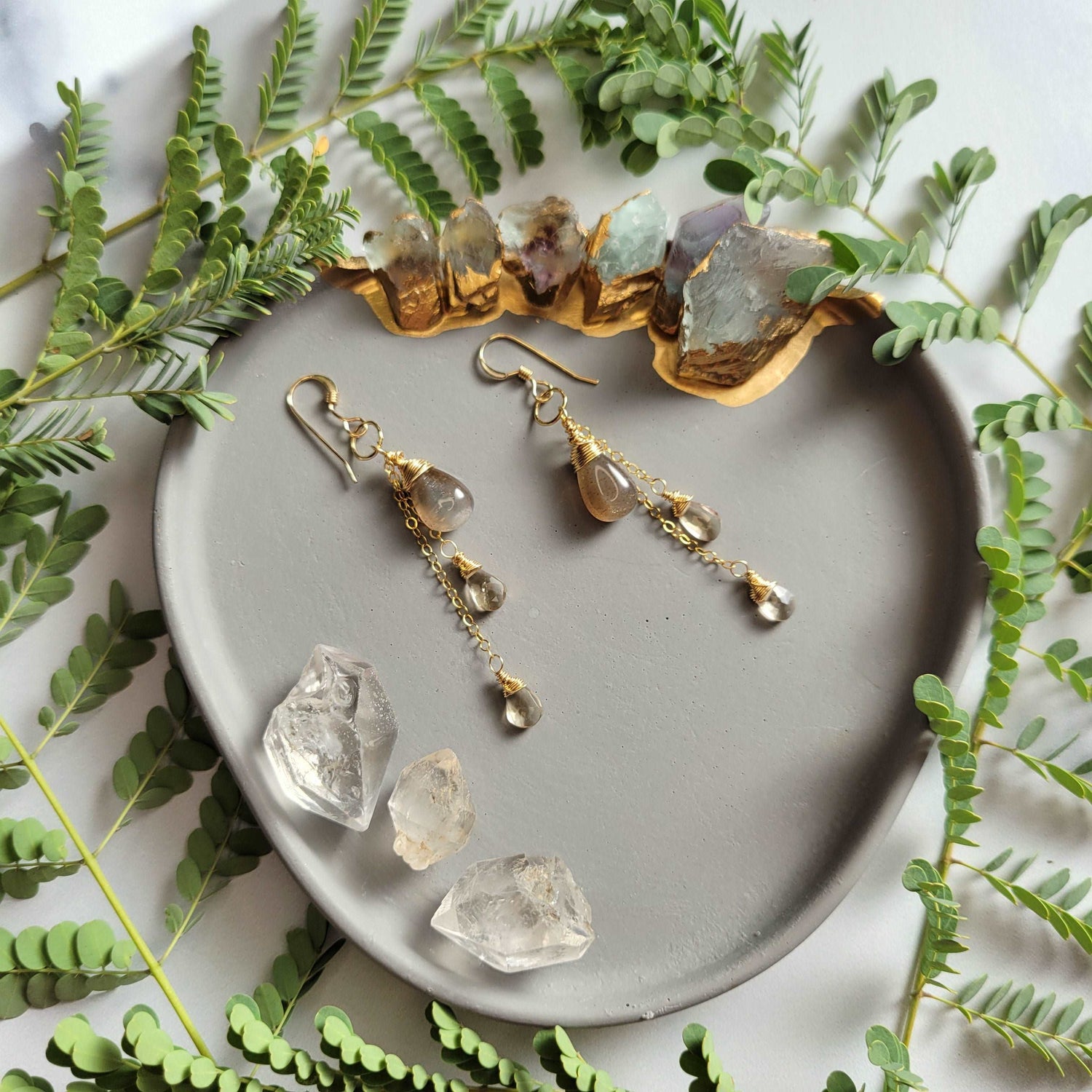 Celestial Harvest Collection: Handcrafted 14K Gold-Filled Coffee Moonstone &amp; Champagne Quartz Earrings