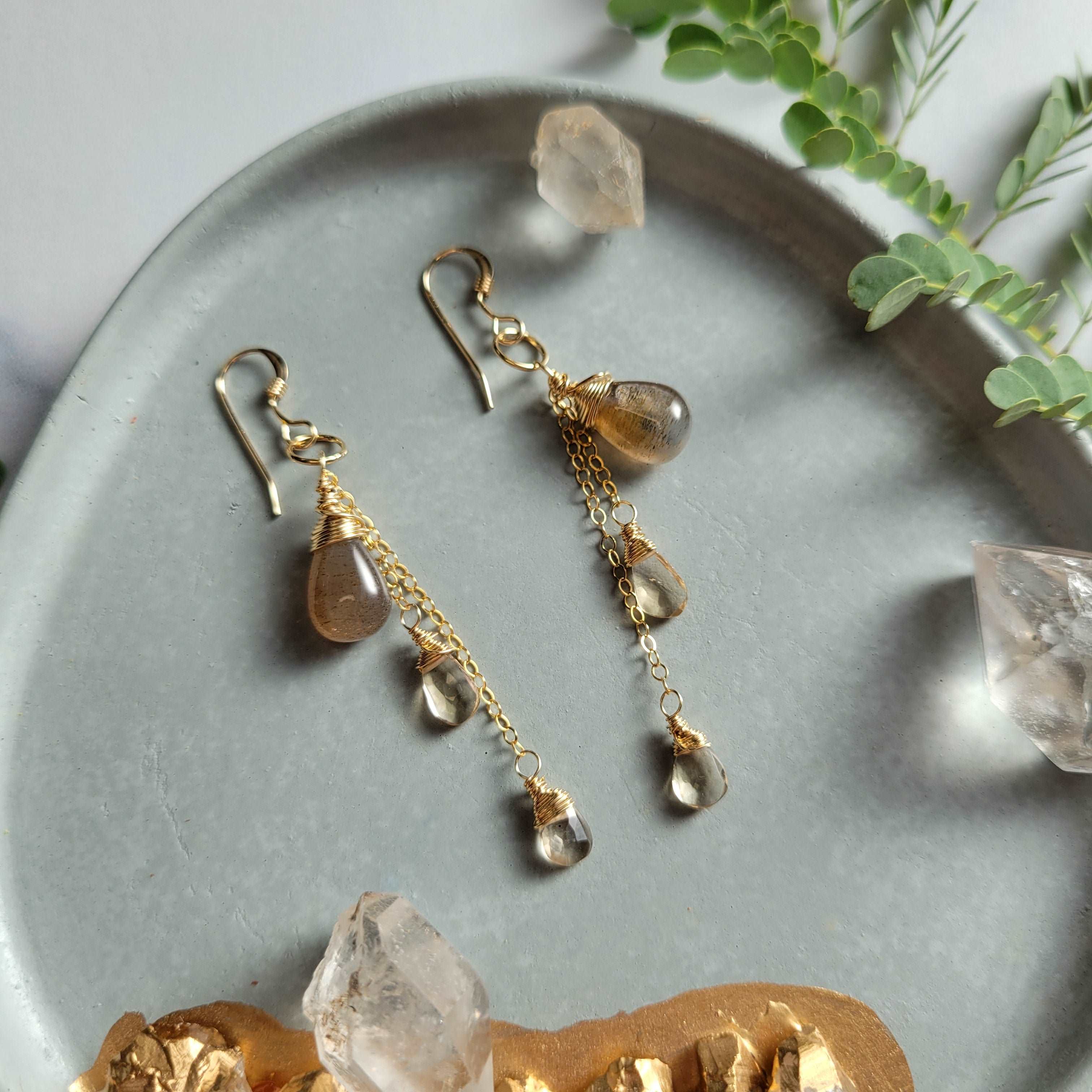 Celestial Harvest Collection: Handcrafted 14K Gold-Filled Coffee Moonstone &amp; Champagne Quartz Earrings