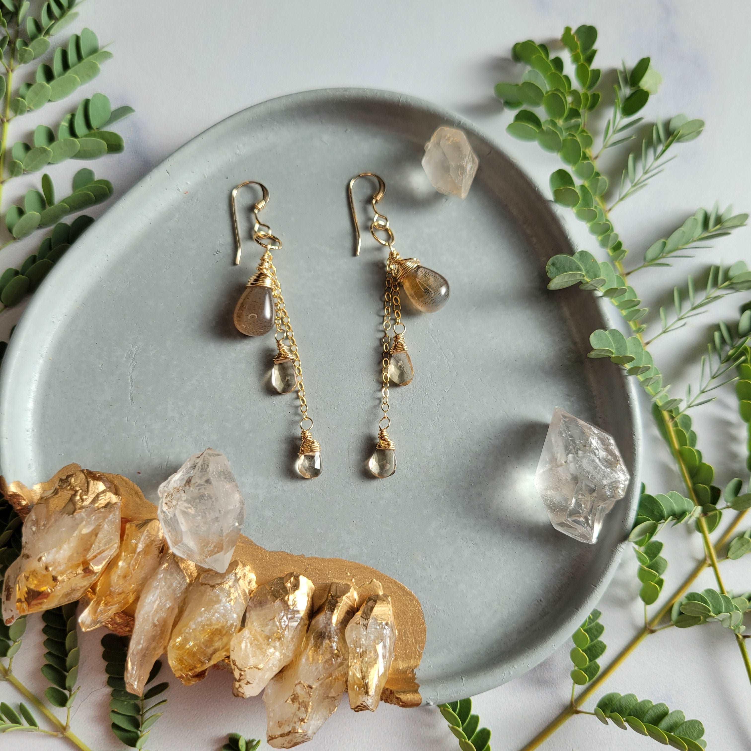 Celestial Harvest Collection: Handcrafted 14K Gold-Filled Coffee Moonstone &amp; Champagne Quartz Earrings