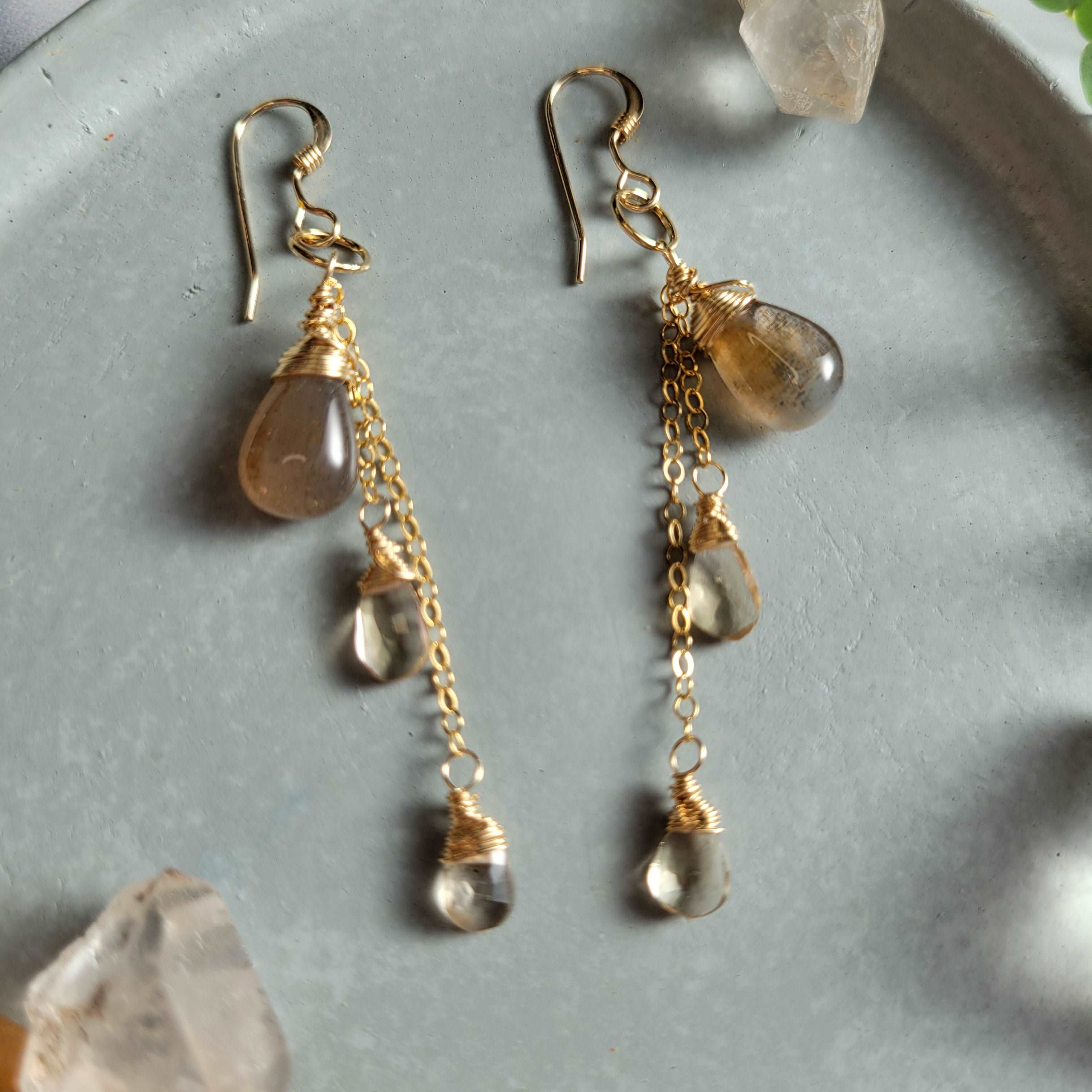 Celestial Harvest Collection: Handcrafted 14K Gold-Filled Coffee Moonstone &amp; Champagne Quartz Earrings