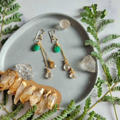 Celestial Harvest Collection: Handcrafted 14K Gold-Filled Chrysoprase &amp; Rutilated Quartz Earrings