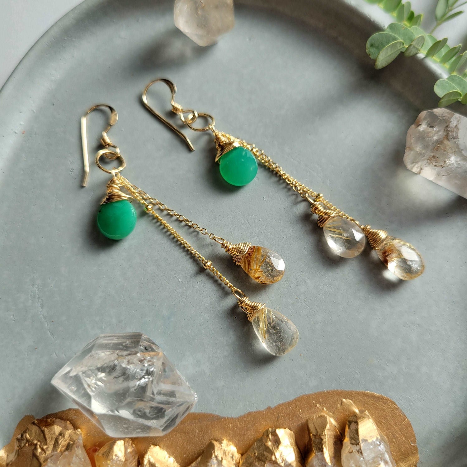 Celestial Harvest Collection: Handcrafted 14K Gold-Filled Chrysoprase &amp; Rutilated Quartz Earrings