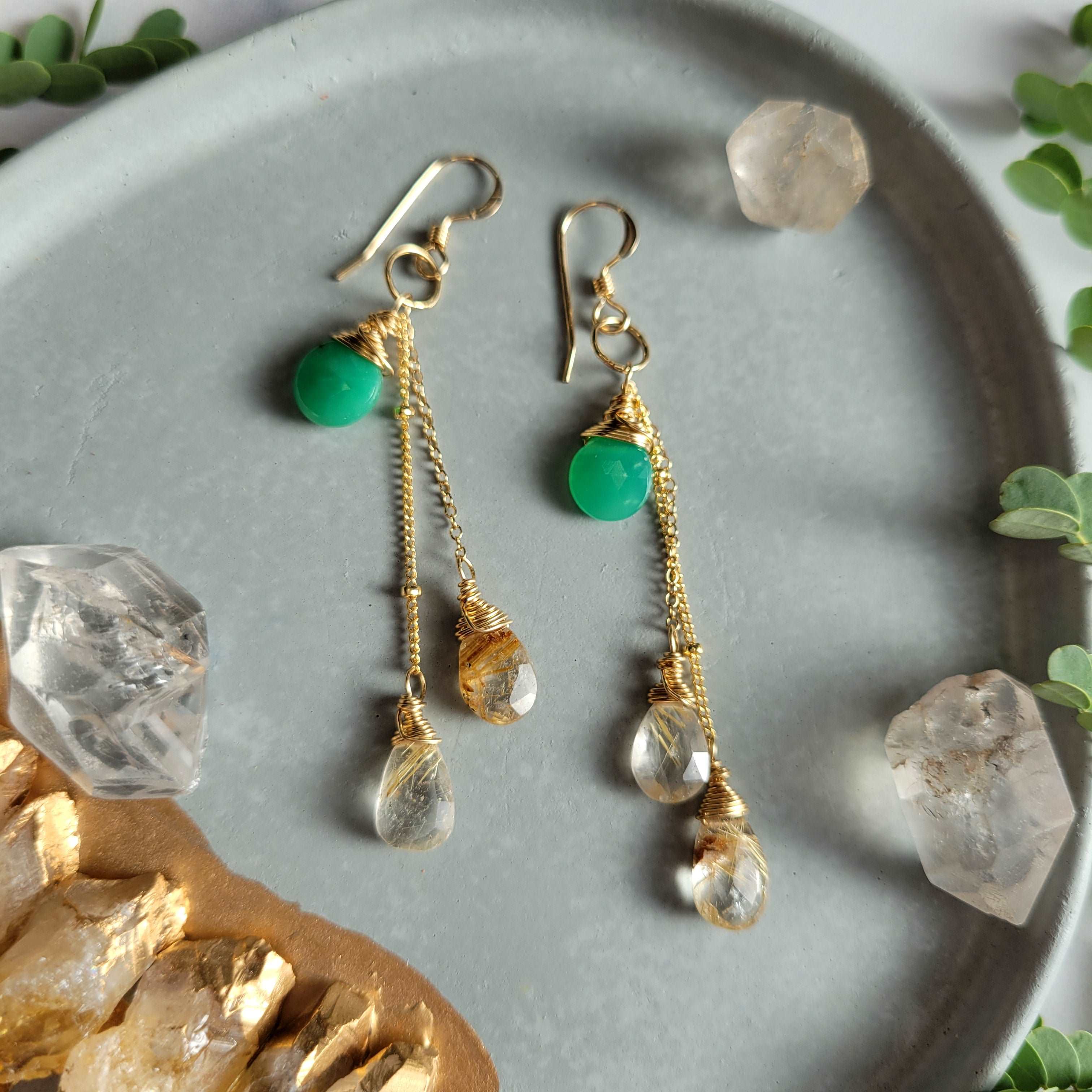 Celestial Harvest Collection: Handcrafted 14K Gold-Filled Chrysoprase &amp; Rutilated Quartz Earrings