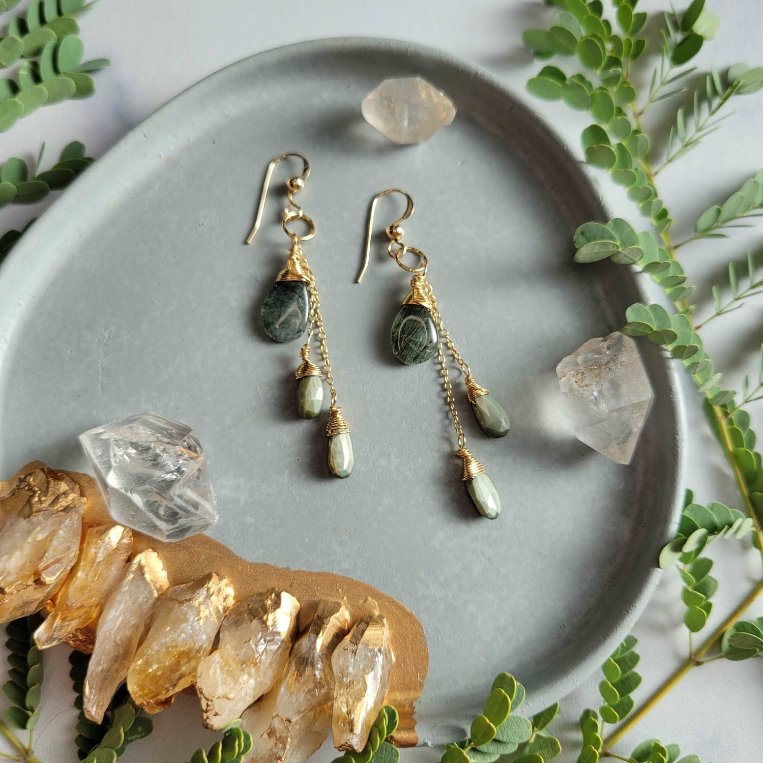 Celestial Harvest Collection: Handcrafted 14K Gold-Filled Moss Aquamarine &amp; Cat&