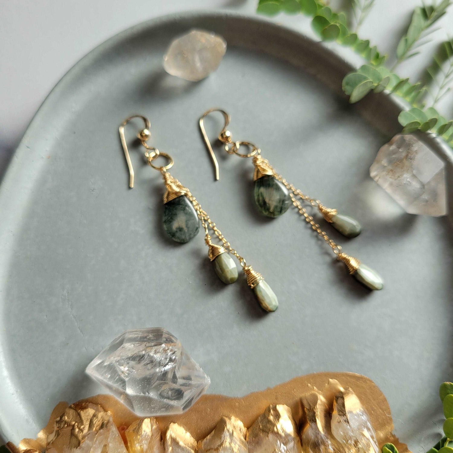 Celestial Harvest Collection: Handcrafted 14K Gold-Filled Moss Aquamarine &amp; Cat&