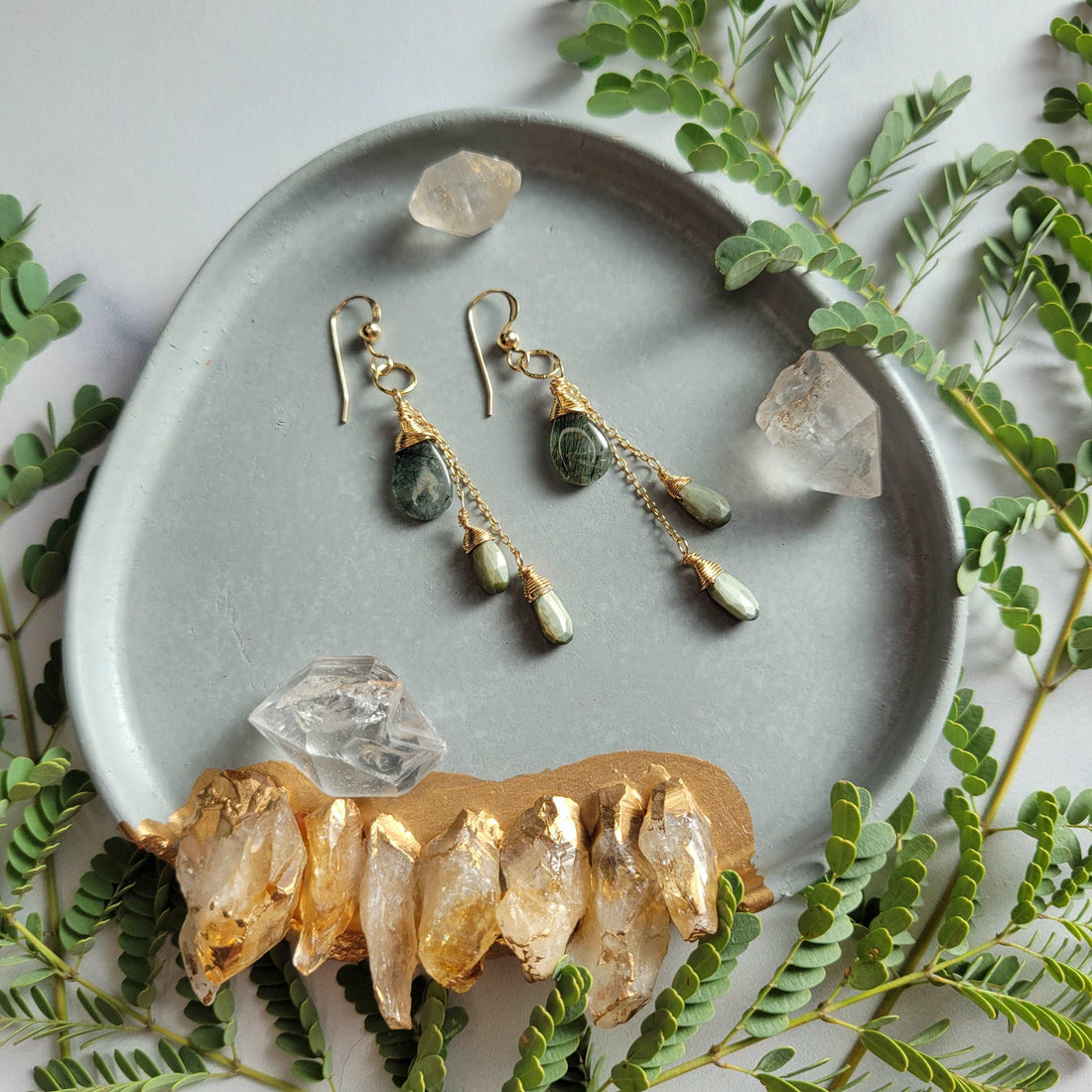 Celestial Harvest Collection: Handcrafted 14K Gold-Filled Moss Aquamarine &amp; Cat&