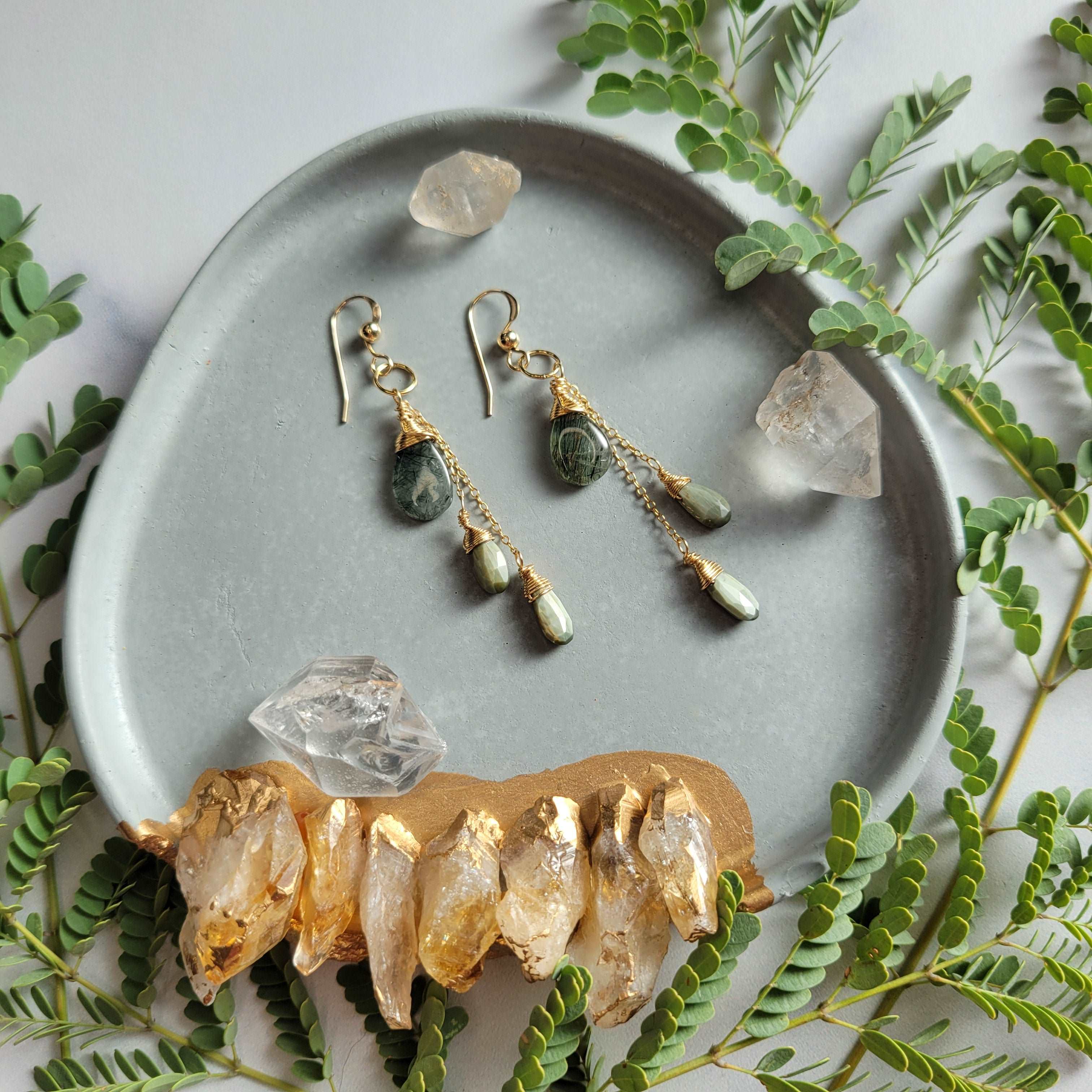 Celestial Harvest Collection: Handcrafted 14K Gold-Filled Moss Aquamarine &amp; Cat&