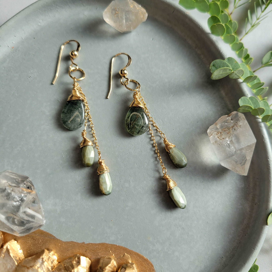 Celestial Harvest Collection: Handcrafted 14K Gold-Filled Moss Aquamarine &amp; Cat&