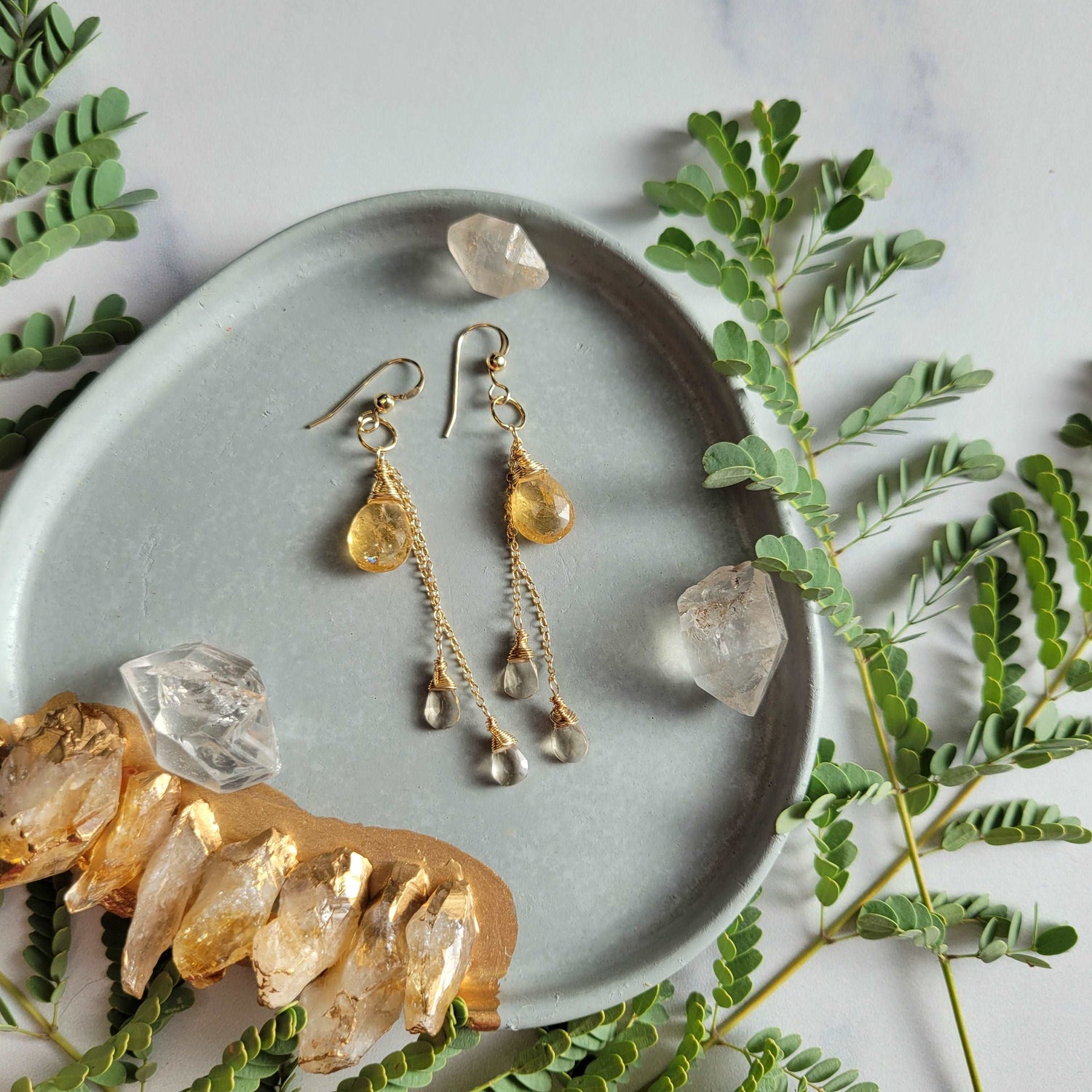 Celestial Harvest Collection: Handcrafted 14K Gold-Filled Citrine &amp; Champagne Quartz Earrings