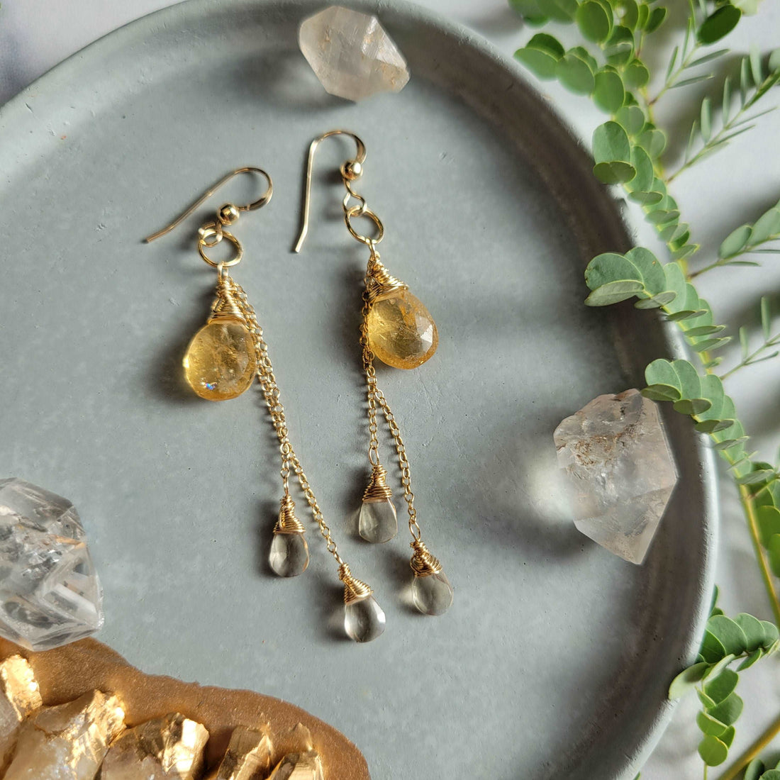 Celestial Harvest Collection: Handcrafted 14K Gold-Filled Citrine &amp; Champagne Quartz Earrings