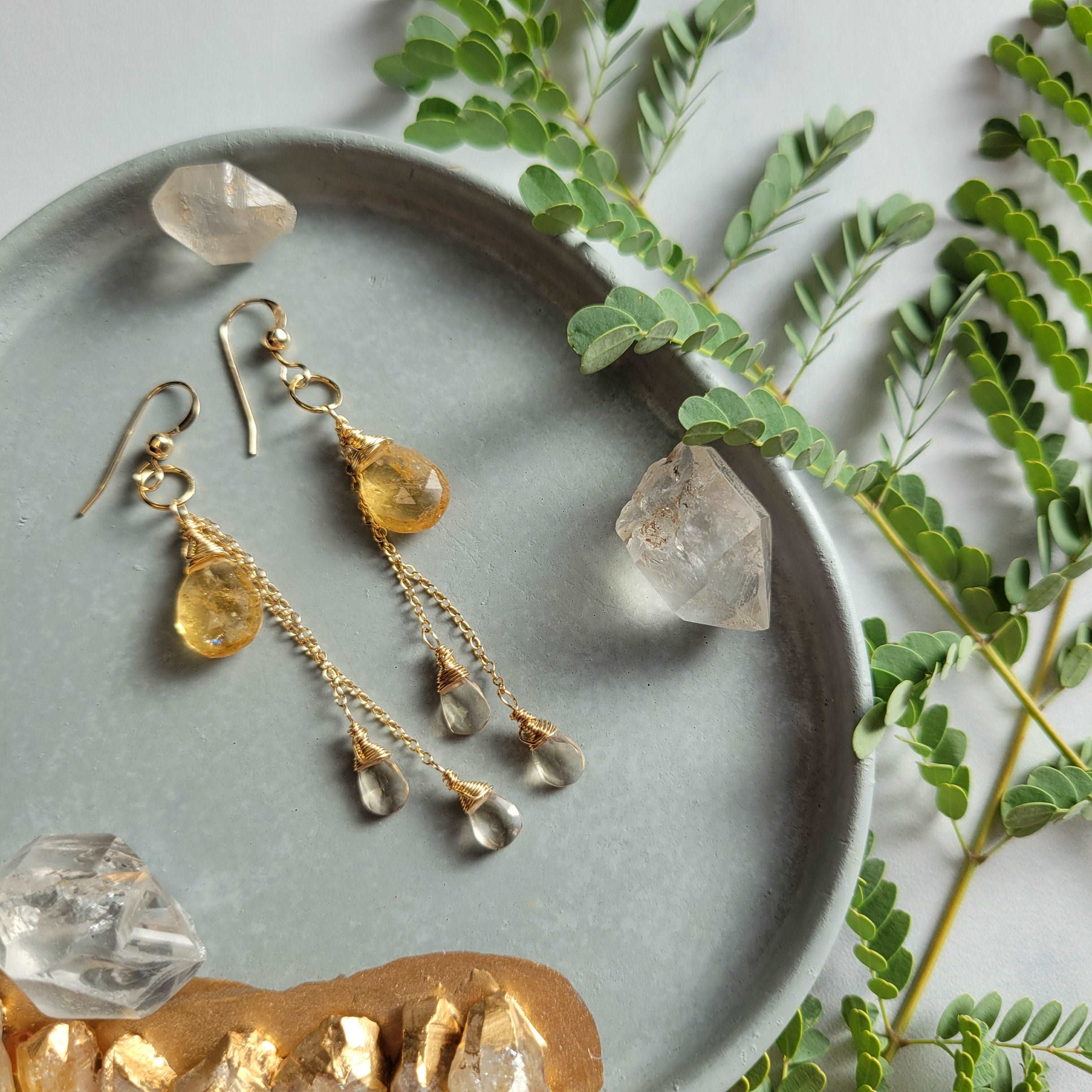 Celestial Harvest Collection: Handcrafted 14K Gold-Filled Citrine &amp; Champagne Quartz Earrings