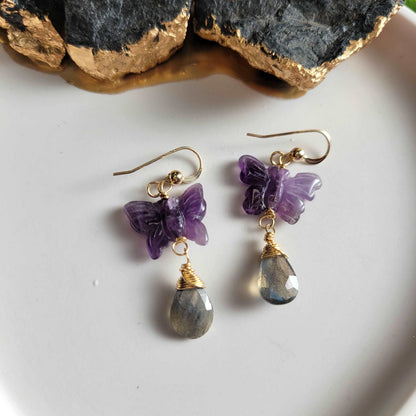 Handcrafted 14K Gold-Filled Amethyst Butterfly &amp; Labradorite Earrings