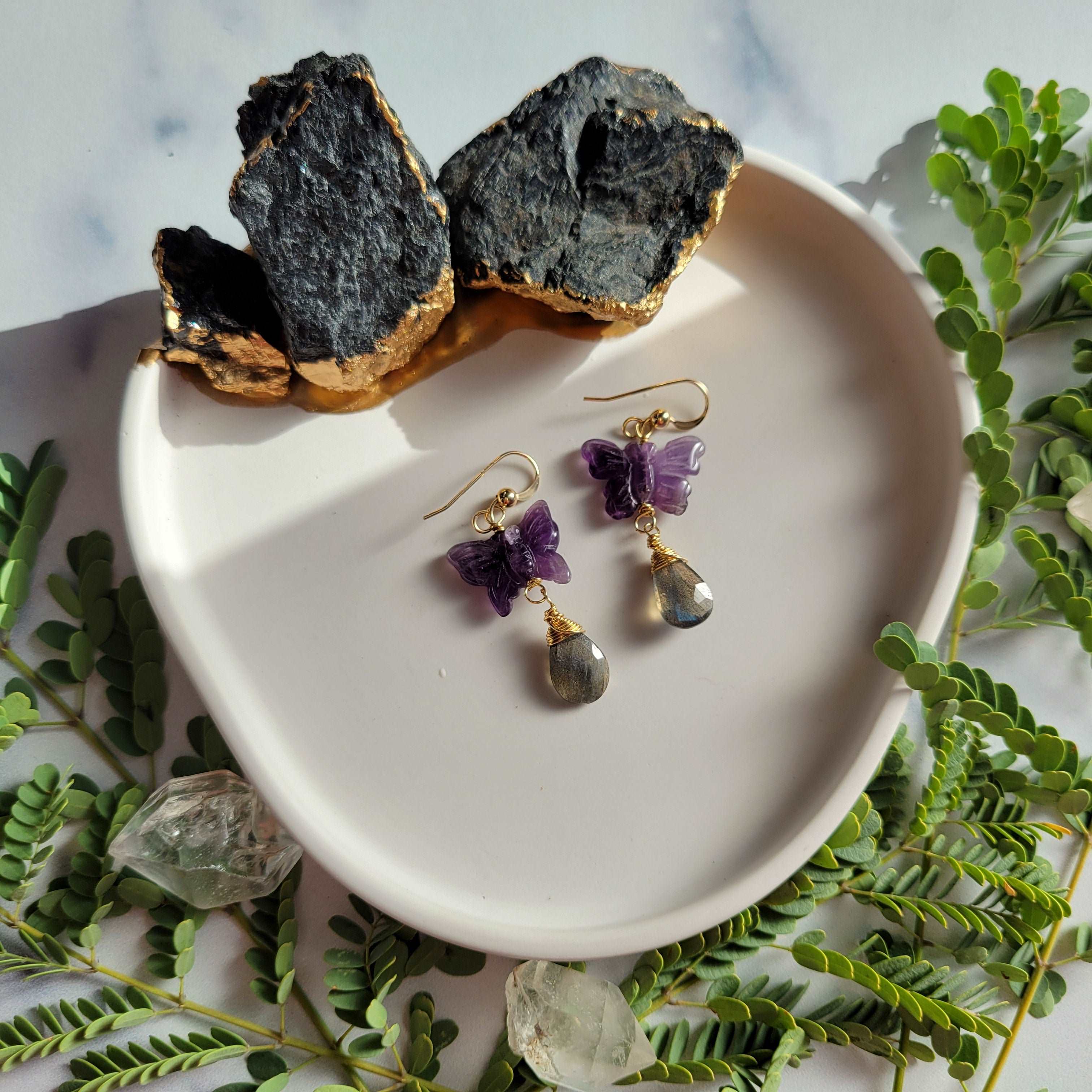 Handcrafted 14K Gold-Filled Amethyst Butterfly &amp; Labradorite Earrings