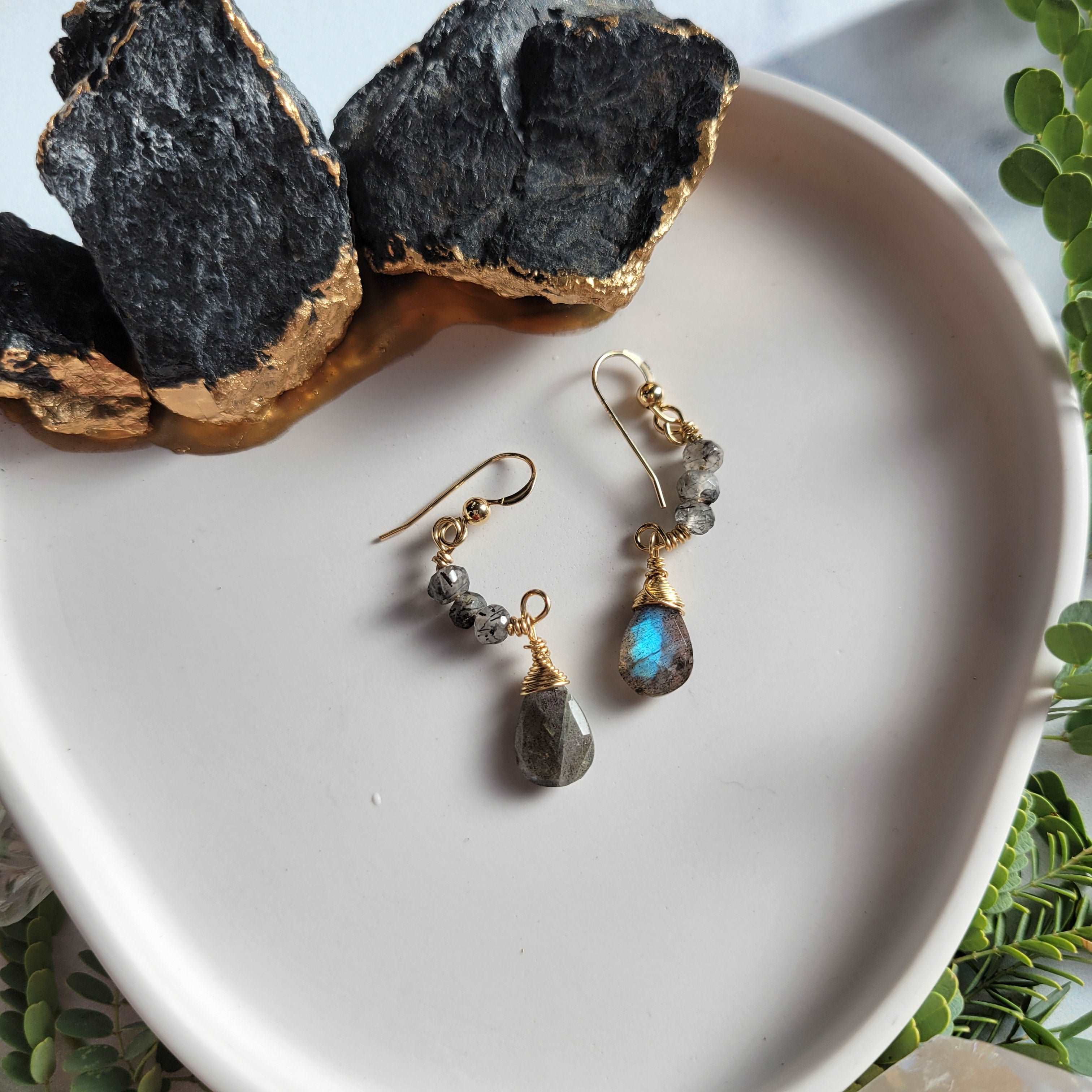 Harvest Half Moon Handcrafted 14k Gold-Filled Labradorite &amp; Rutilated Quartz Earrings