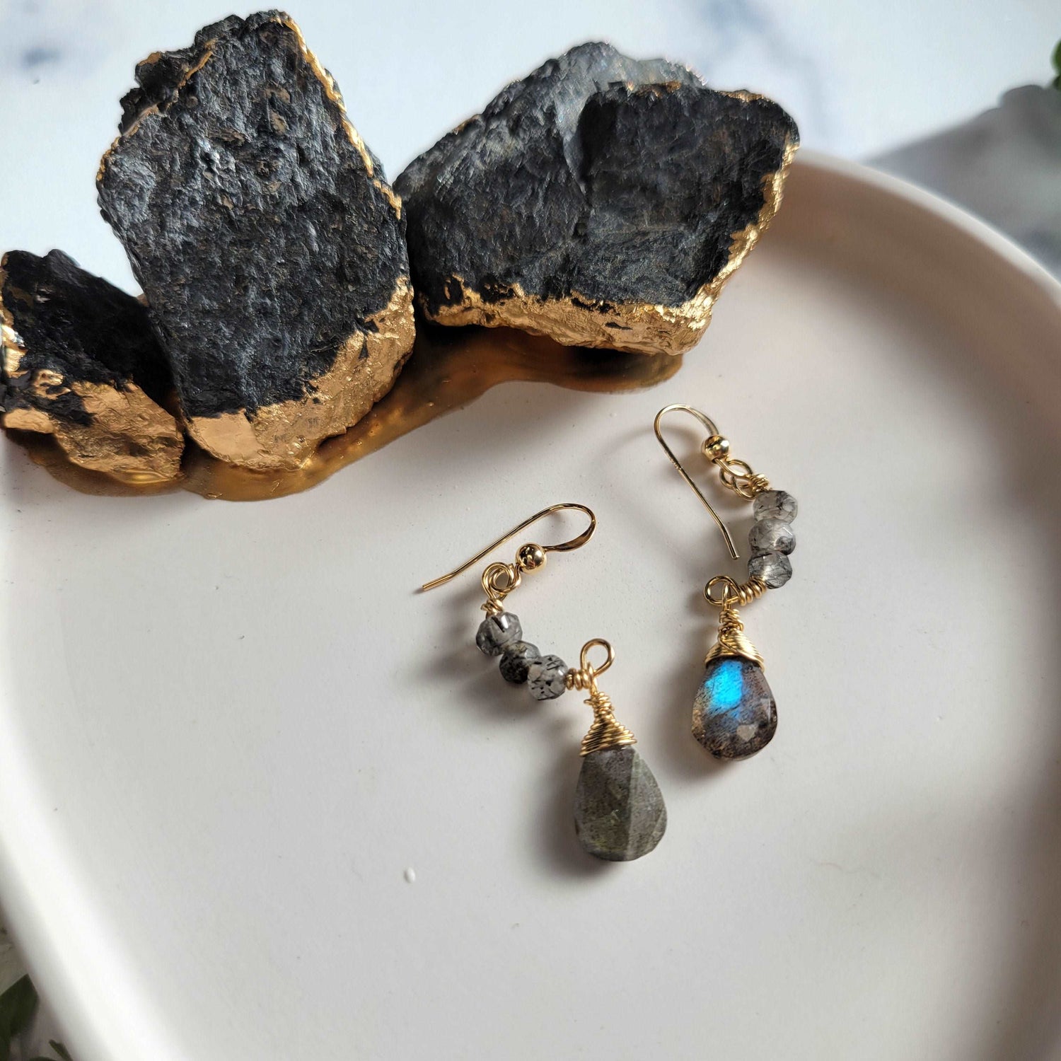 Harvest Half Moon Handcrafted 14k Gold-Filled Labradorite &amp; Rutilated Quartz Earrings