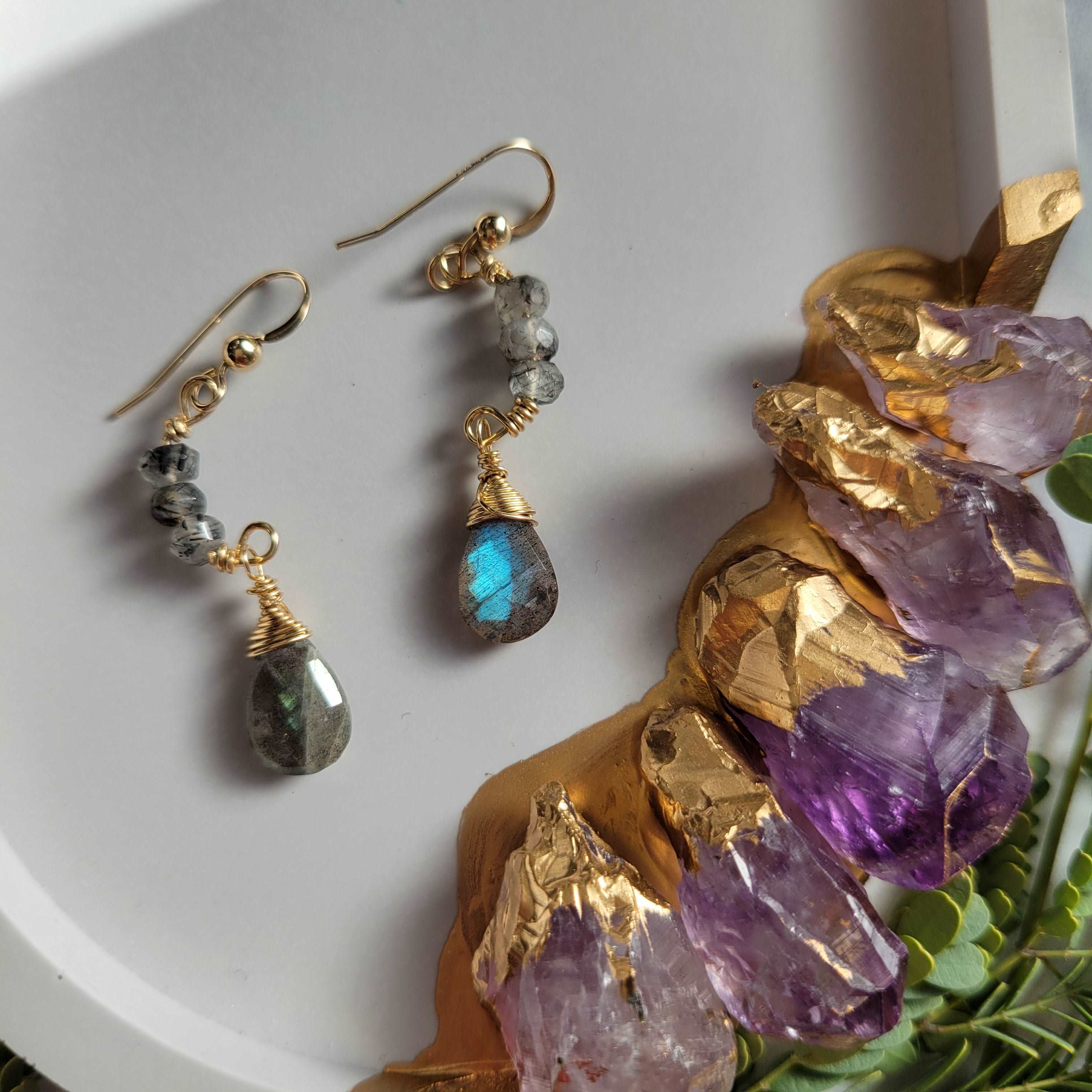 Harvest Half Moon Handcrafted 14k Gold-Filled Labradorite &amp; Rutilated Quartz Earrings