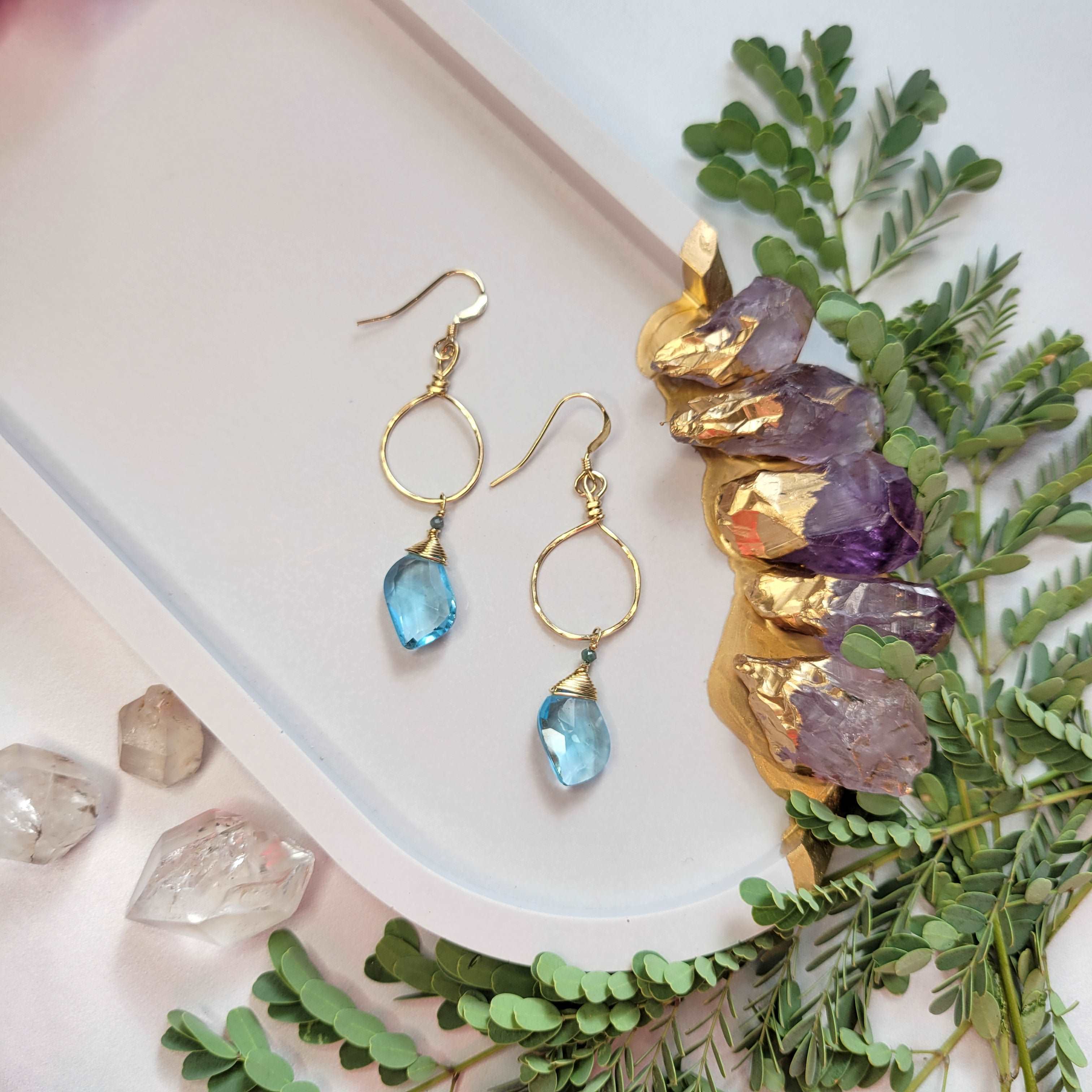 Hammered 14k Gold-Filled Blue Topaz &amp; Tourmaline Earrings