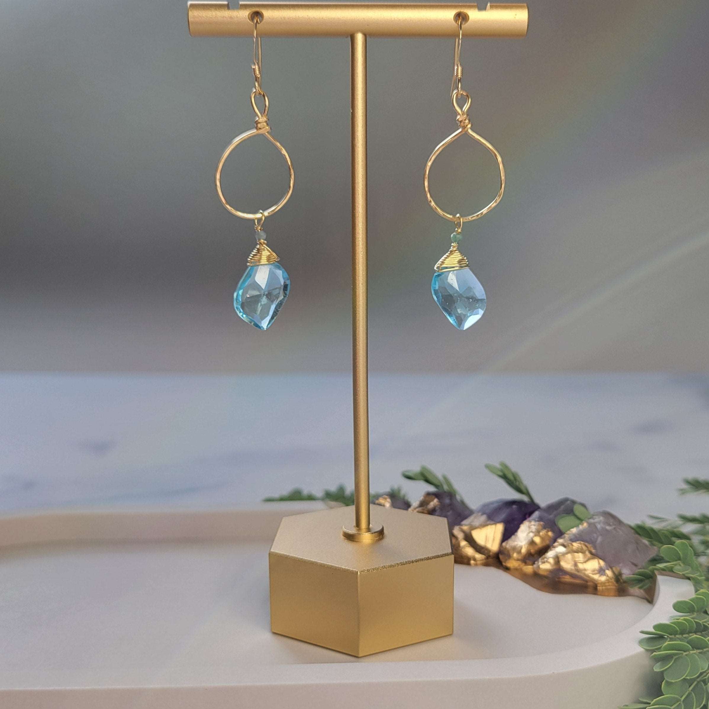 Hammered 14k Gold-Filled Blue Topaz &amp; Tourmaline Earrings