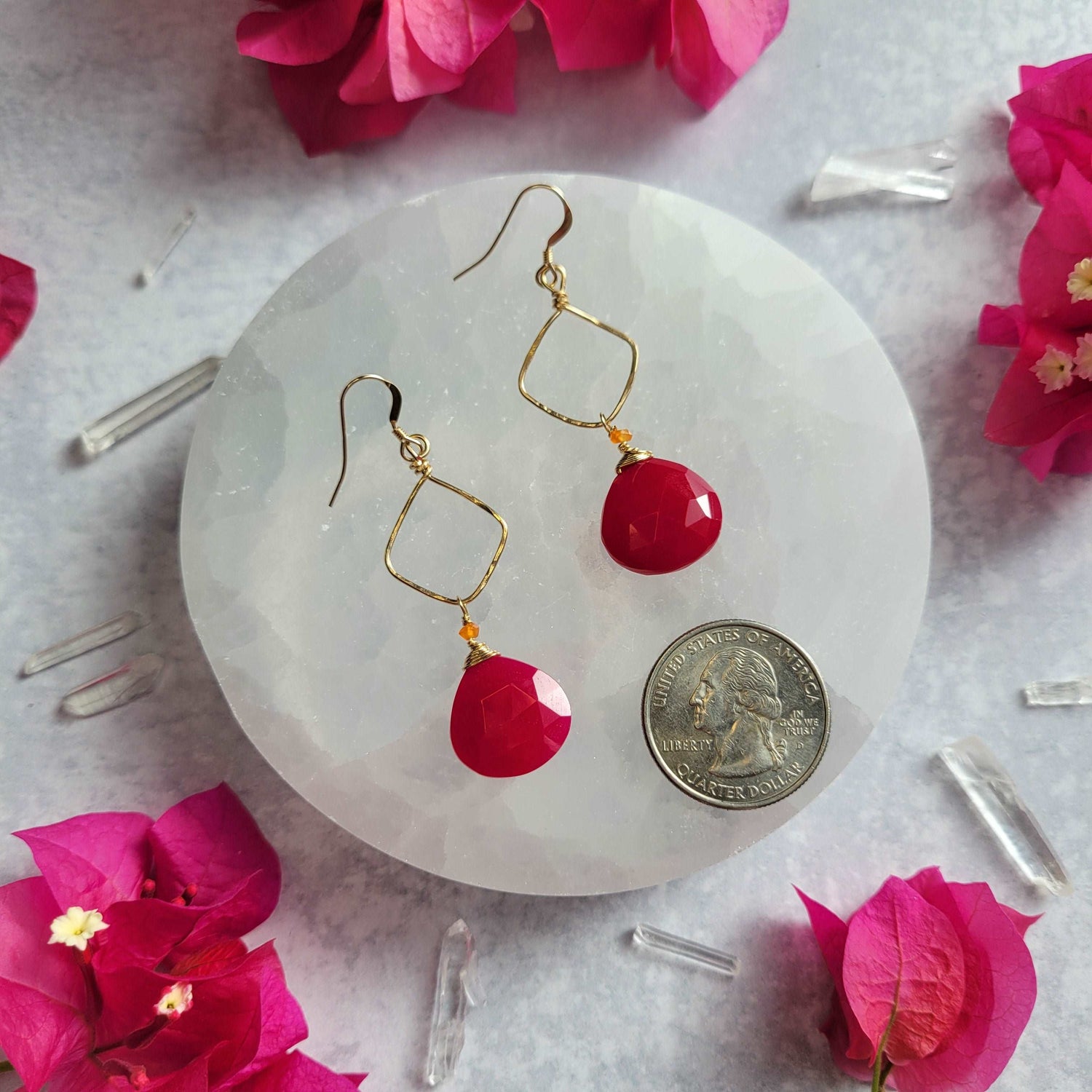 Hammered 14k Gold-Filled Pink Chalcedony &amp; Orange Sapphire Earrings