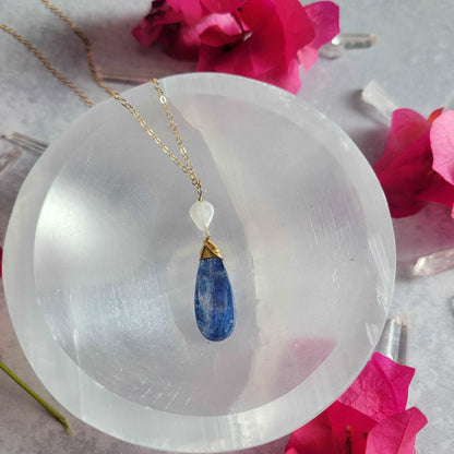 Kyanite &amp; Rainbow Moonstone Necklace on 18&quot; 14k Gold-Filled Chain