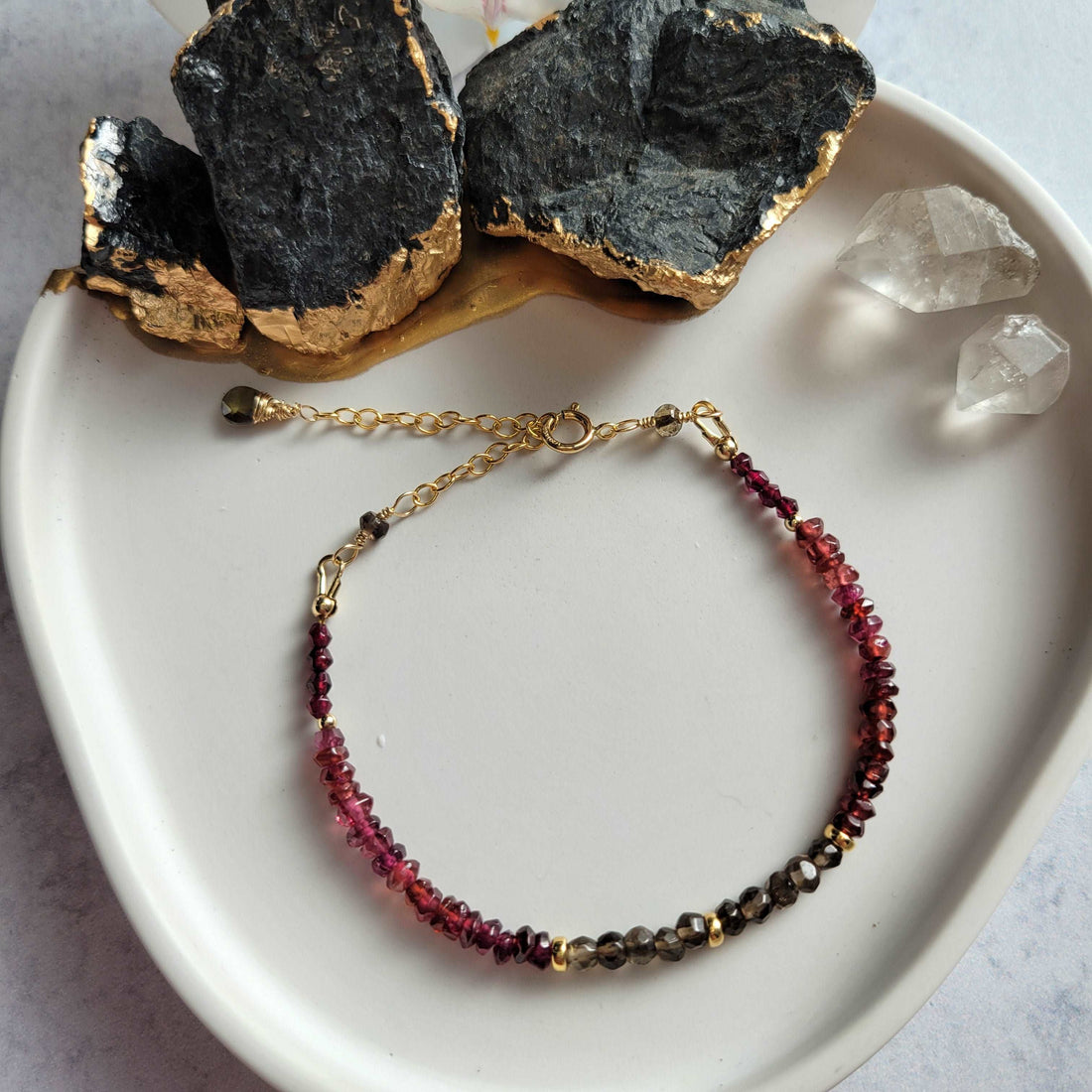 Dainty Handcrafted 14K Gold-Filled Smoky Quartz, Red Garnet, &amp; Sapphire Bracelet