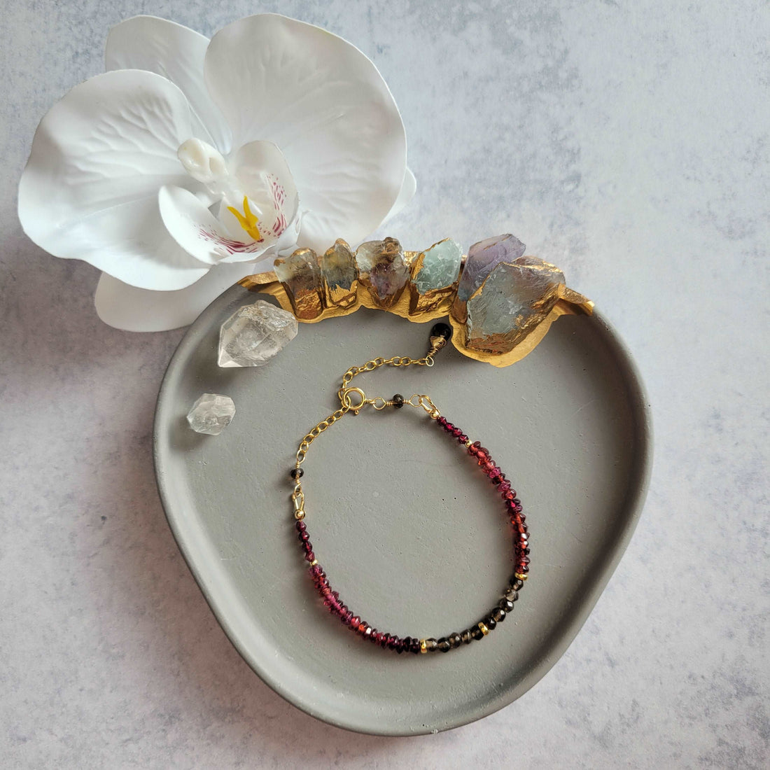 Dainty Handcrafted 14K Gold-Filled Smoky Quartz, Red Garnet, &amp; Sapphire Bracelet