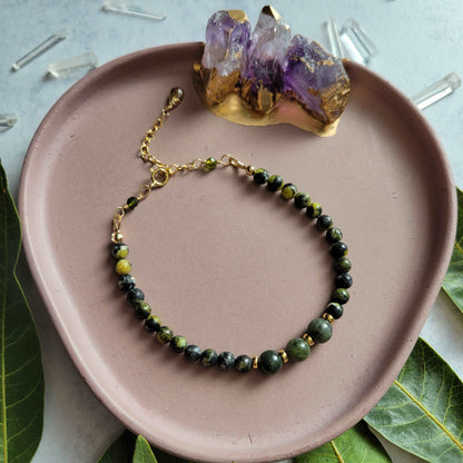 Earthy Handcrafted 14K Gold-Filled Yellow Turquoise, Green Serpentine, Tourmaline, &amp; Sapphire Bracelet