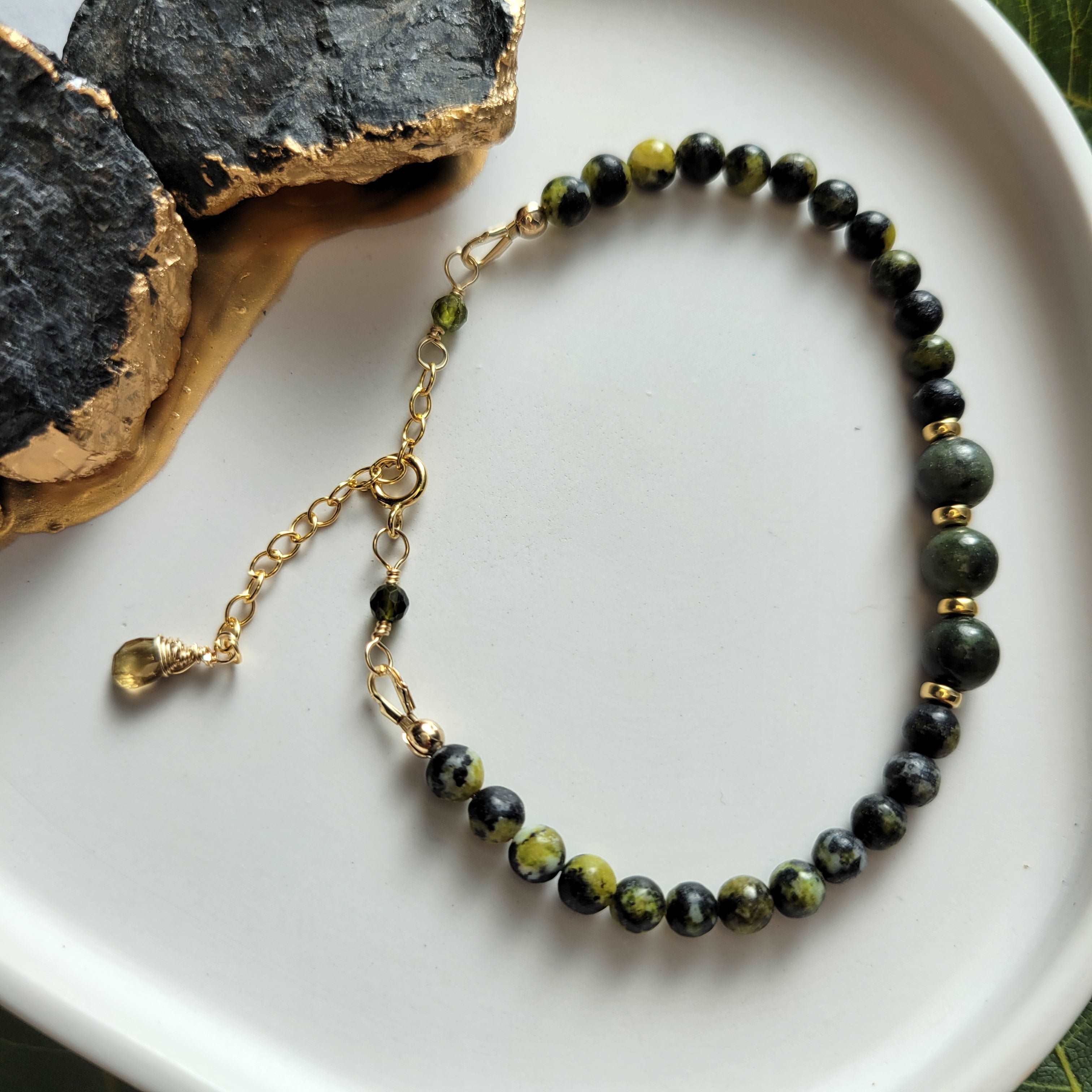 Earthy Handcrafted 14K Gold-Filled Yellow Turquoise, Green Serpentine, Tourmaline, &amp; Sapphire Bracelet