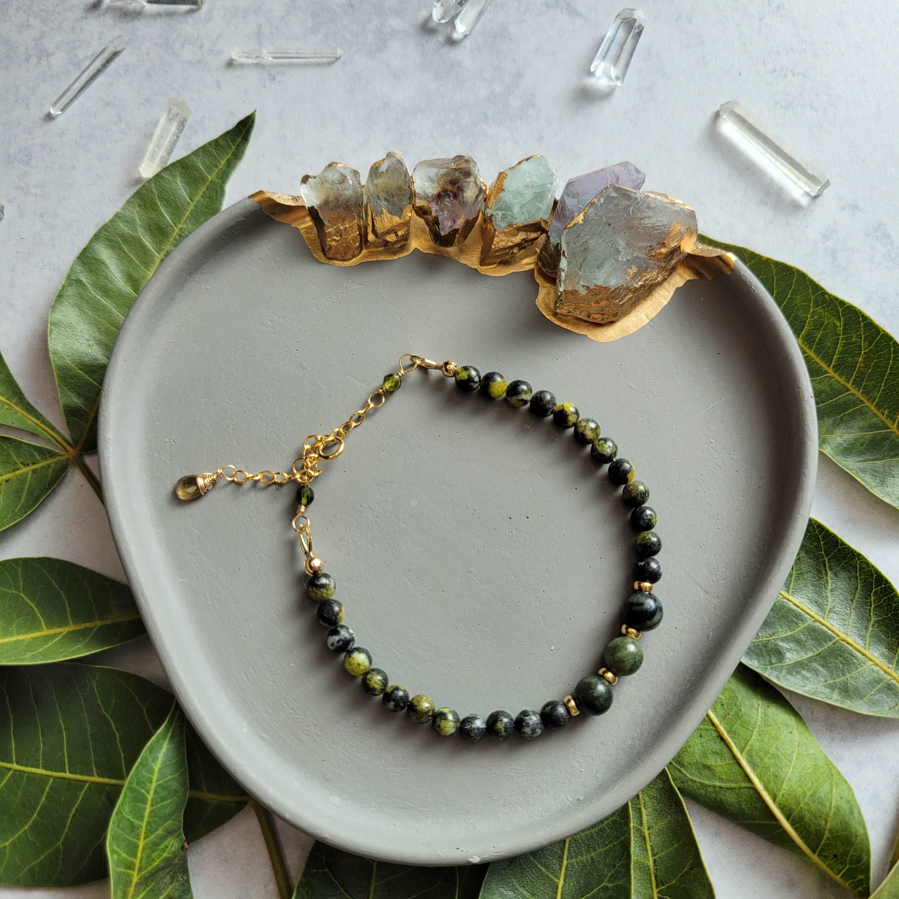 Earthy Handcrafted 14K Gold-Filled Yellow Turquoise, Green Serpentine, Tourmaline, &amp; Sapphire Bracelet