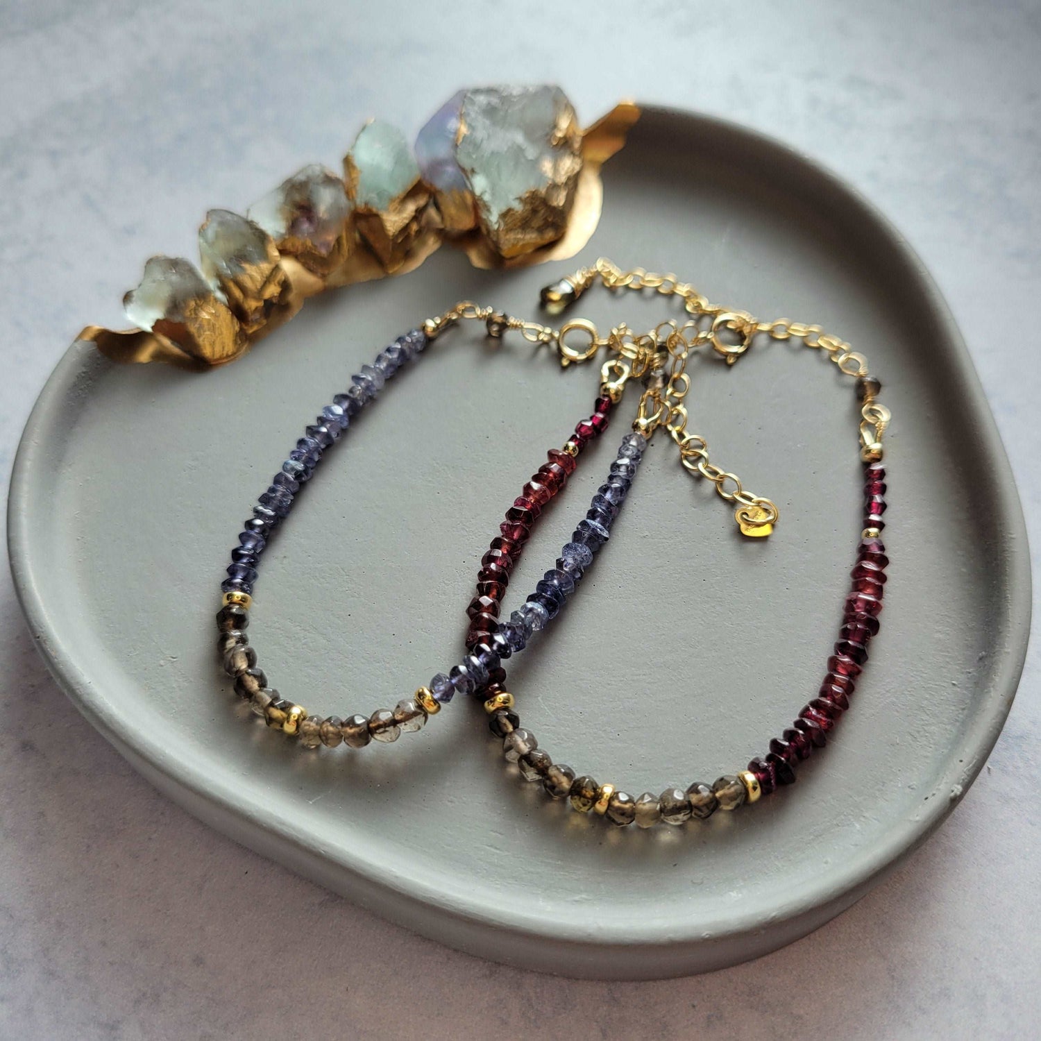 Dainty Handcrafted 14K Gold-Filled Smoky Quartz &amp; Iolite Gemstones Bracelet